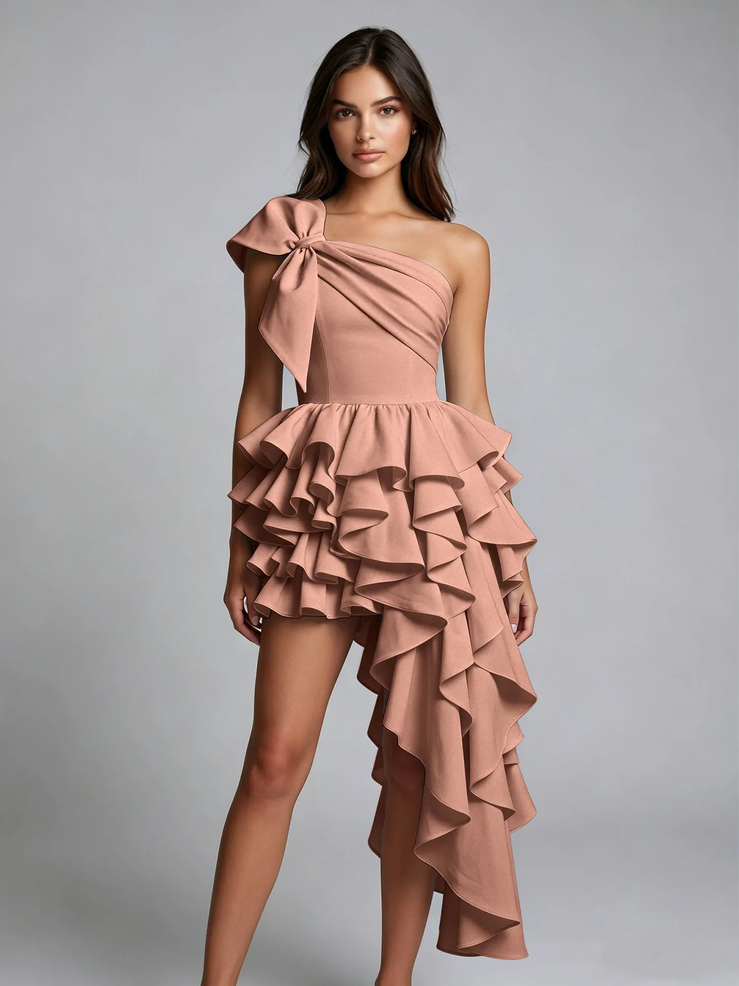 One-Shoulder Bow Tiered Ruffle Asymmetrical Homecoming Dress