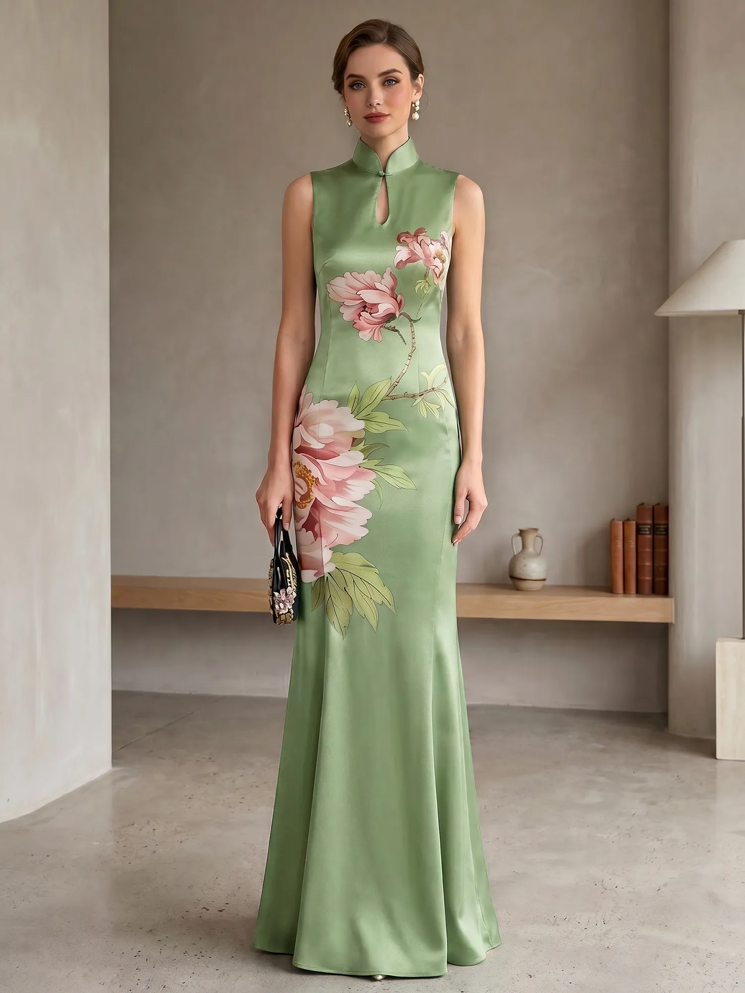 Satin Qipao-Inspired Floral Mermaid Evening Gown