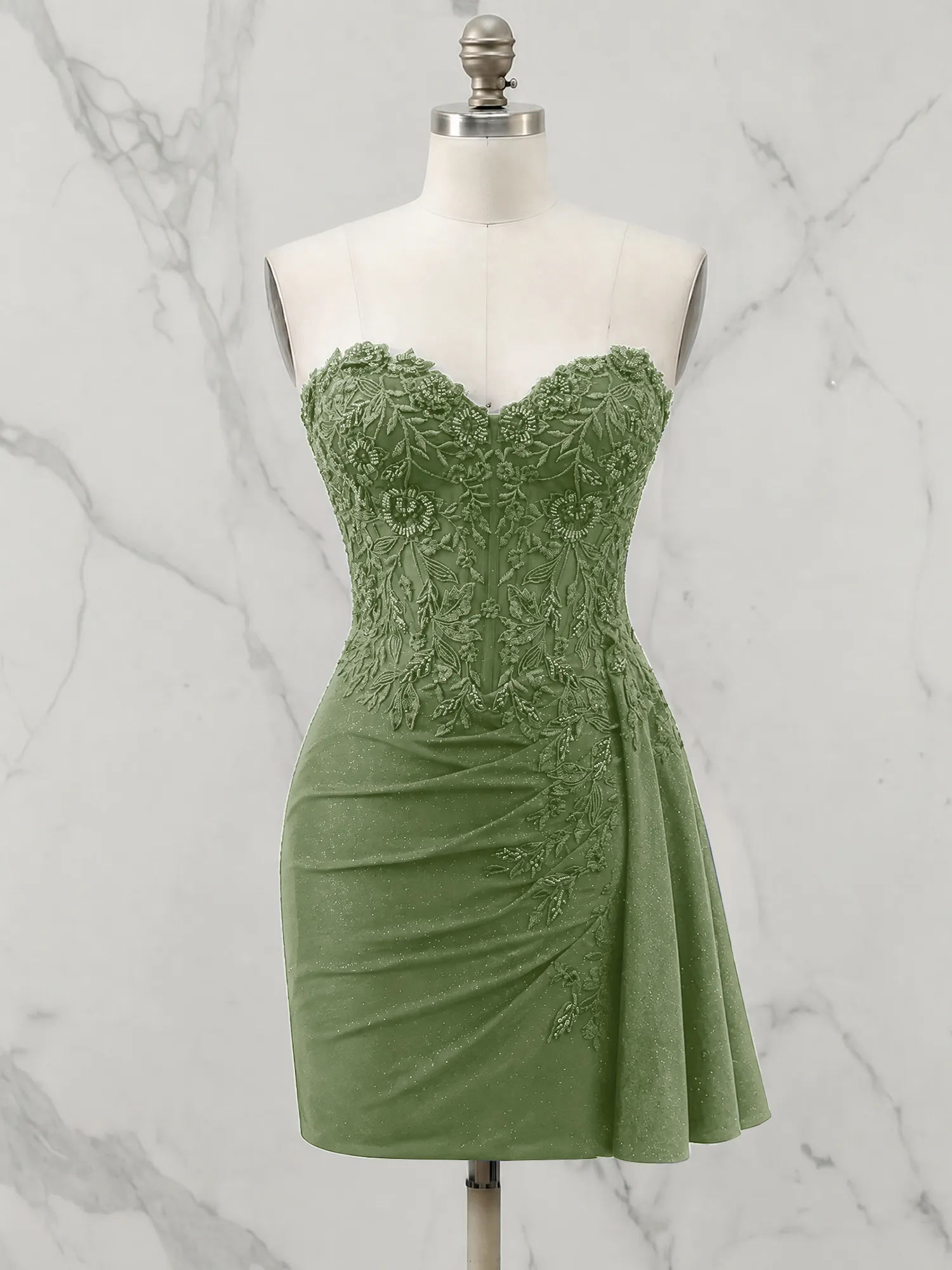 Strapless Lace Appliqué Glitter Homecoming Dress with Side Drape
