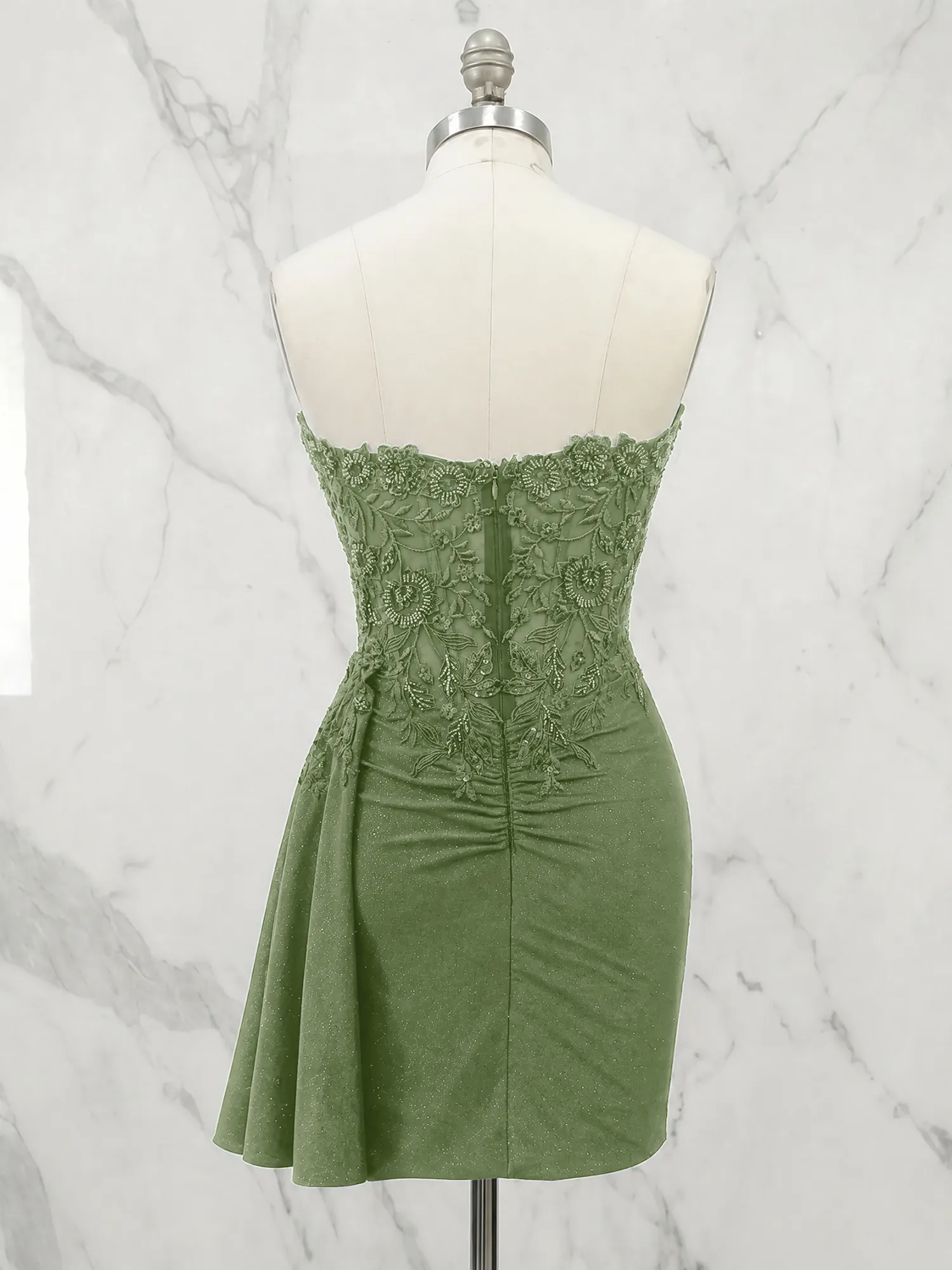 Strapless Lace Appliqué Glitter Homecoming Dress with Side Drape