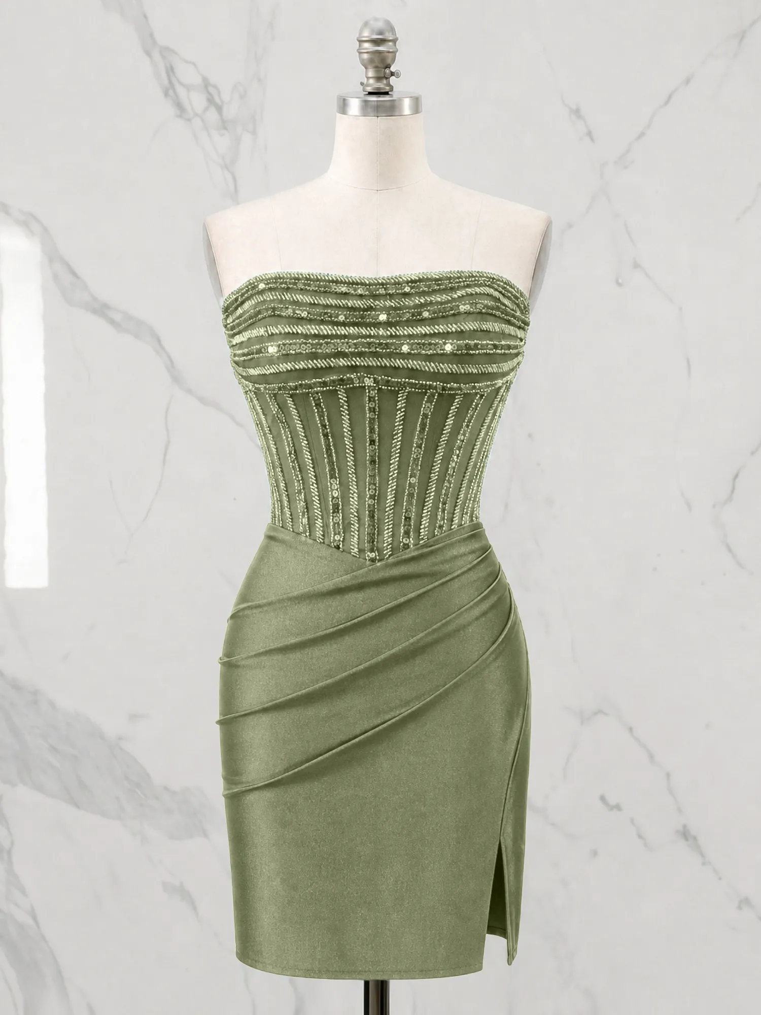 Strapless Beaded Corset Homecoming Dress with Ruched Skirt