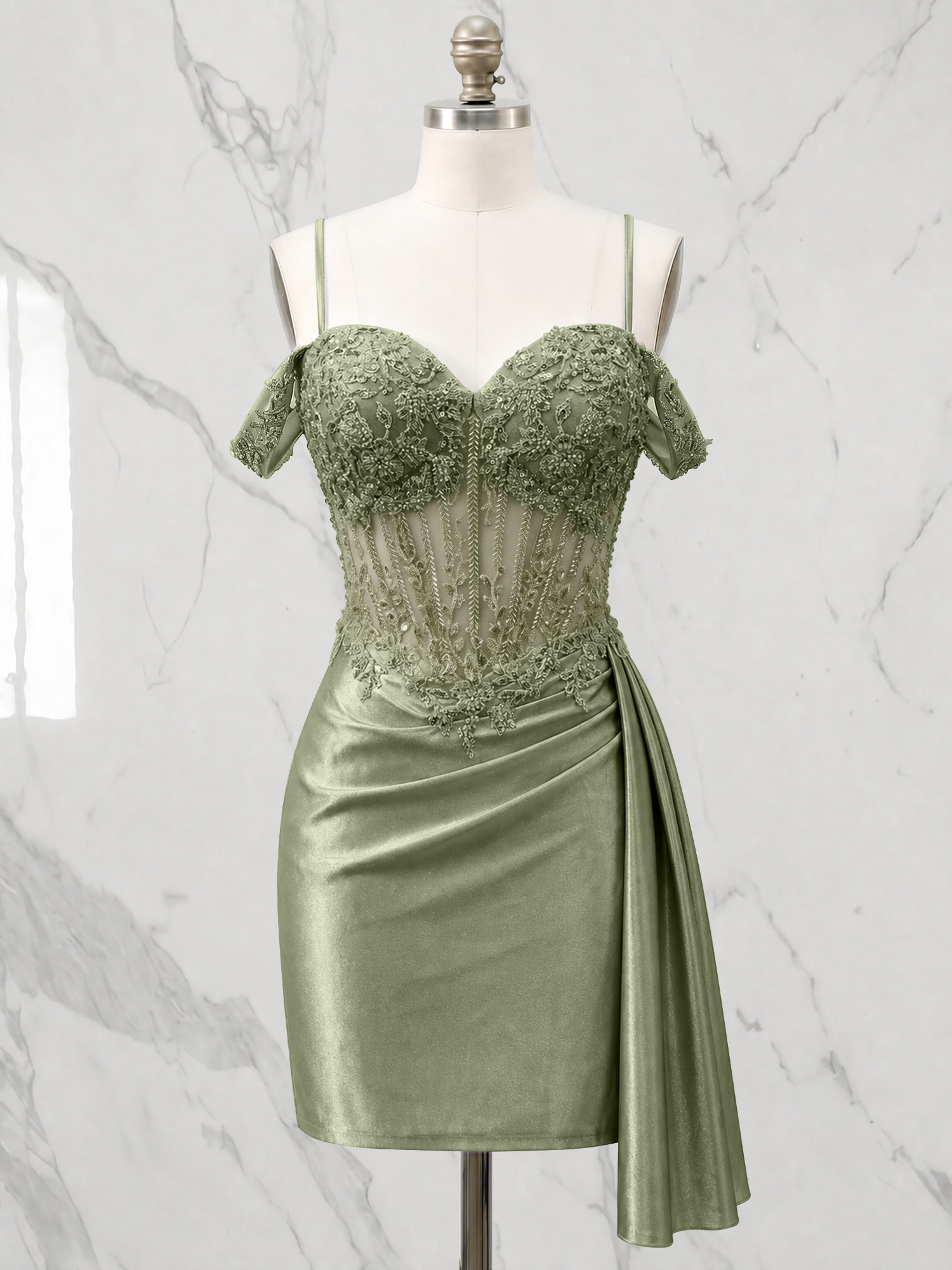 Off-the-Shoulder Lace Corset Homecoming Dress with Side Drape