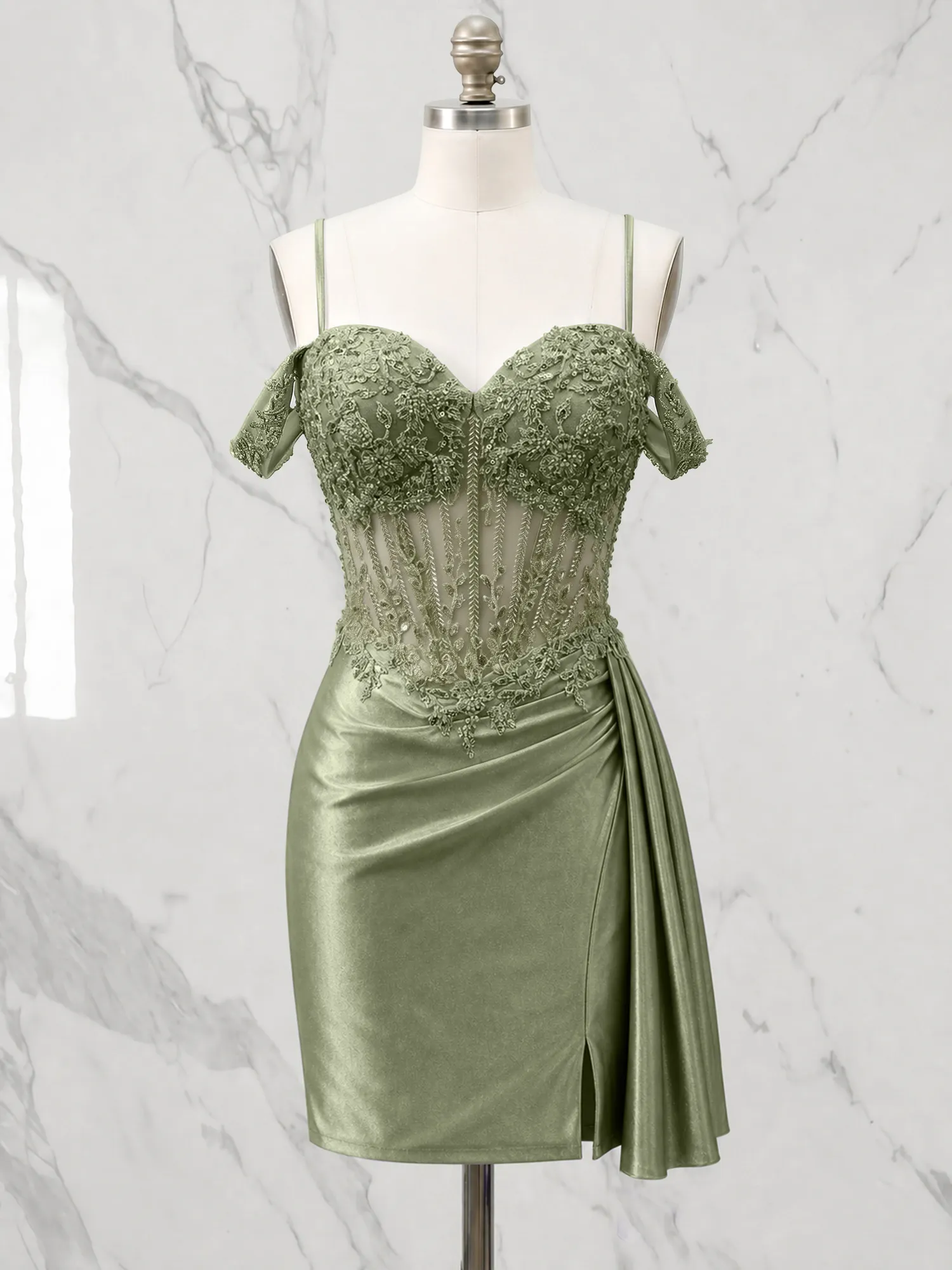 Off-the-Shoulder Lace Corset Homecoming Dress with Draped Skirt