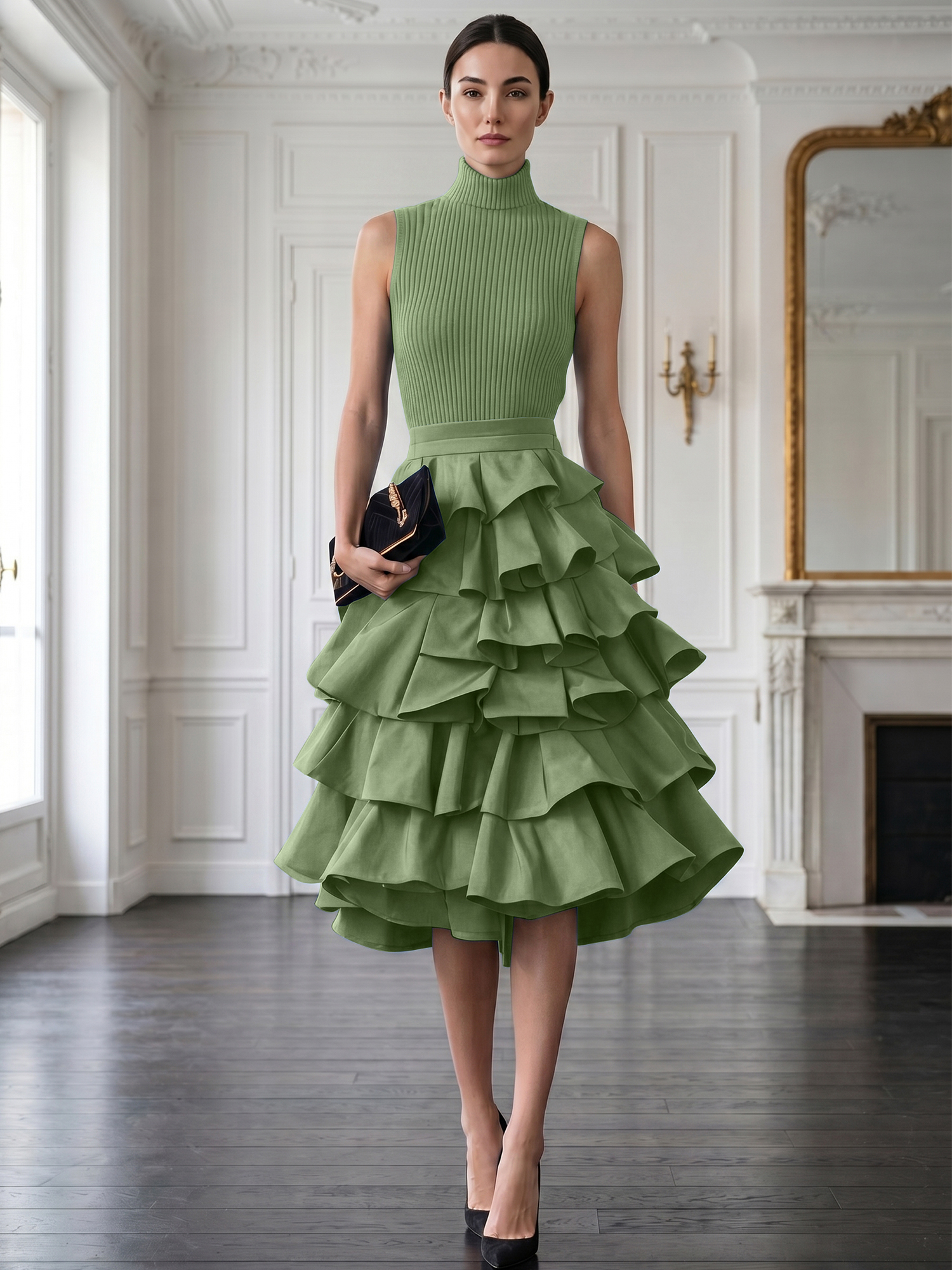 Avant-Garde Black High-Neck Tiered Ruffled Evening Gown