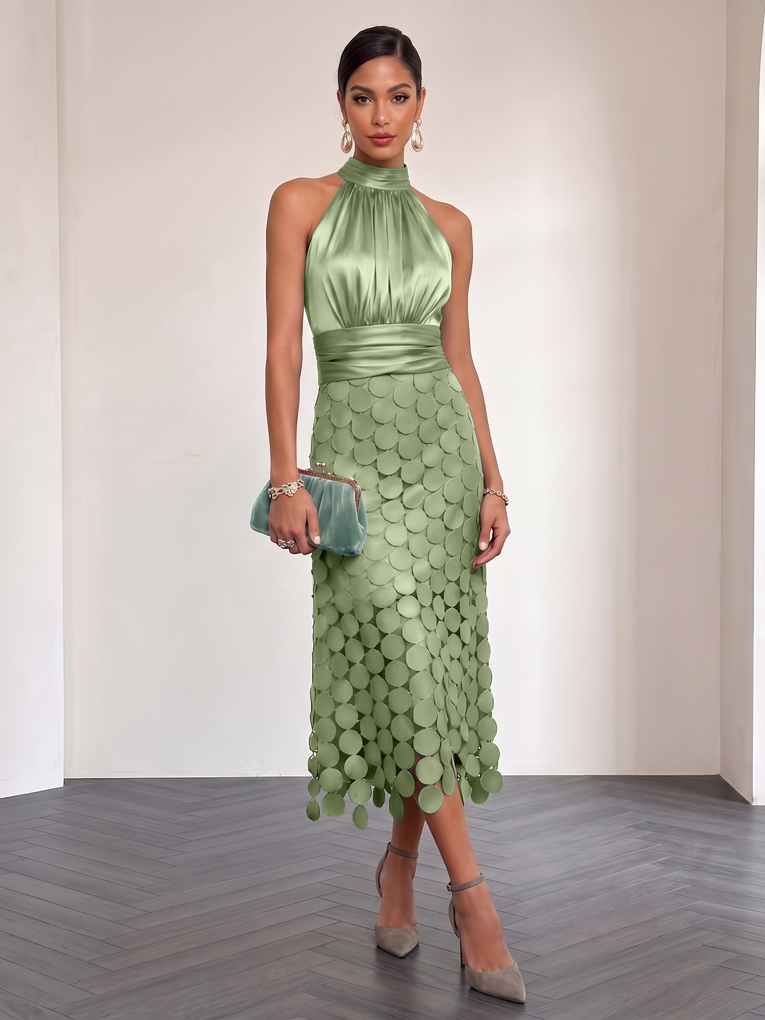 Ice Blue Satin Halter Circle Motif Midi Formal Evening Gown