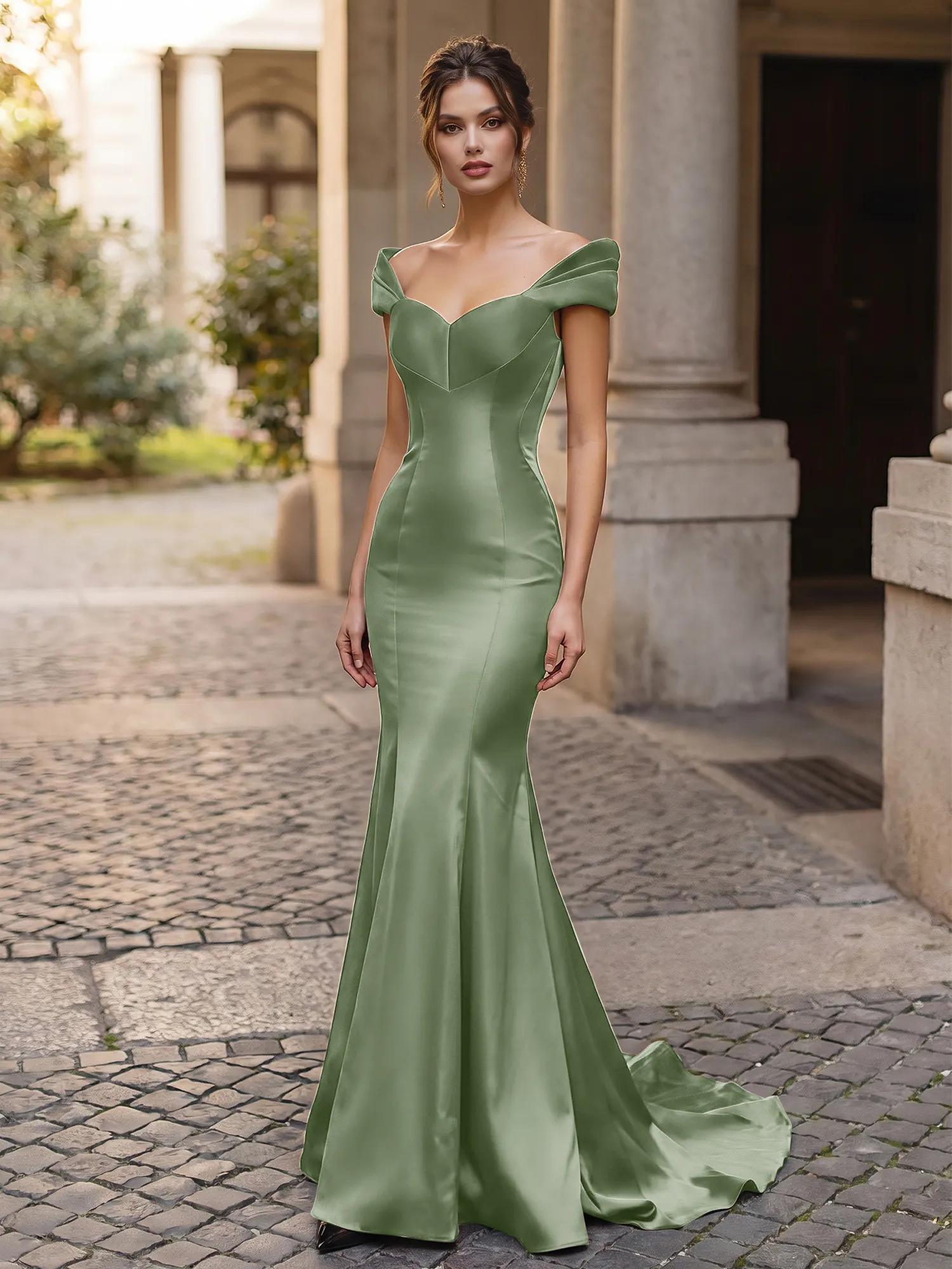 Off-the-Shoulder Sweetheart Lace-Up Back Satin Mermaid Prom Dress