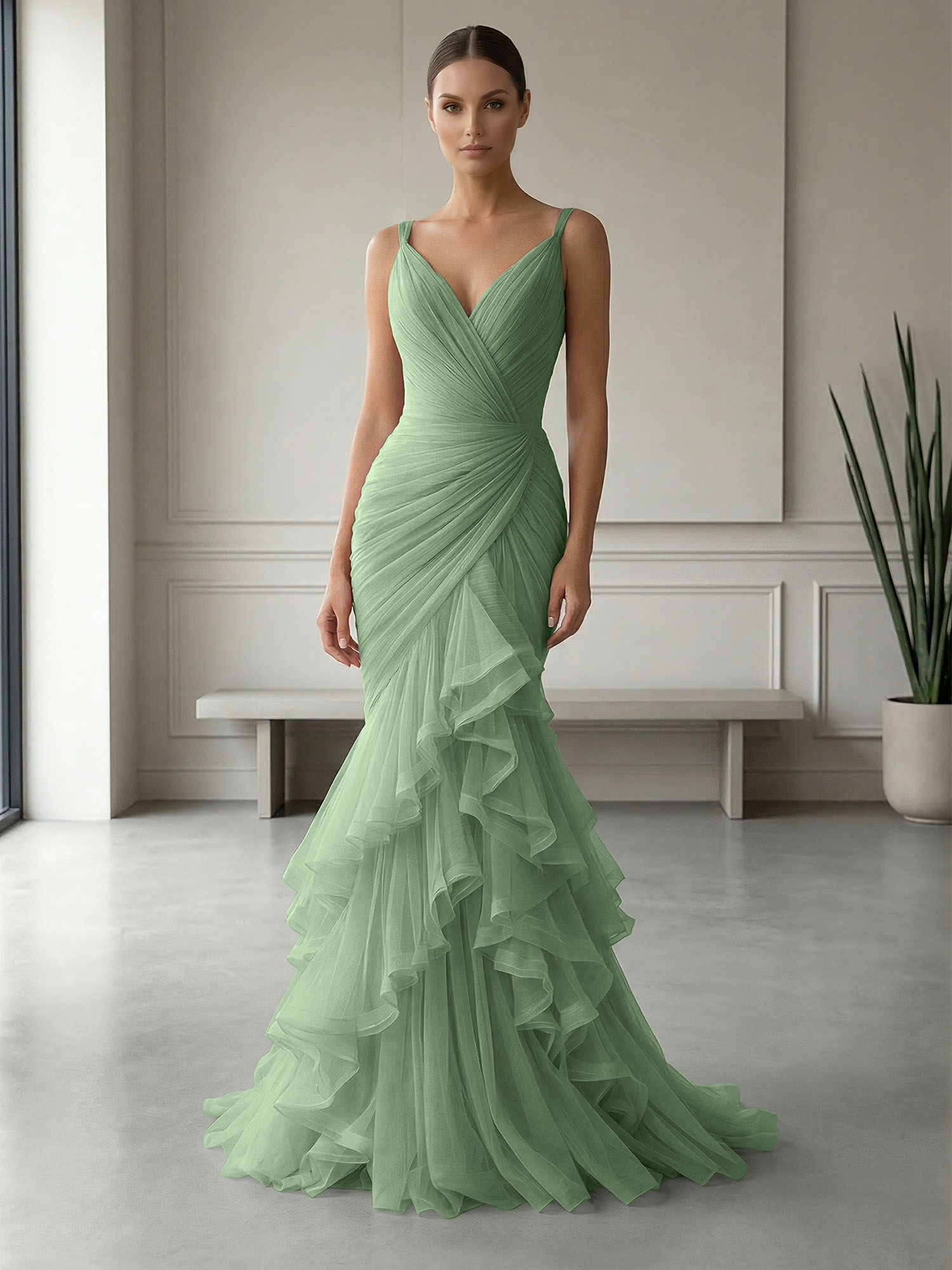 Mauve Folds Tulle Strapless Sleeveless Mermaid Gown Dress