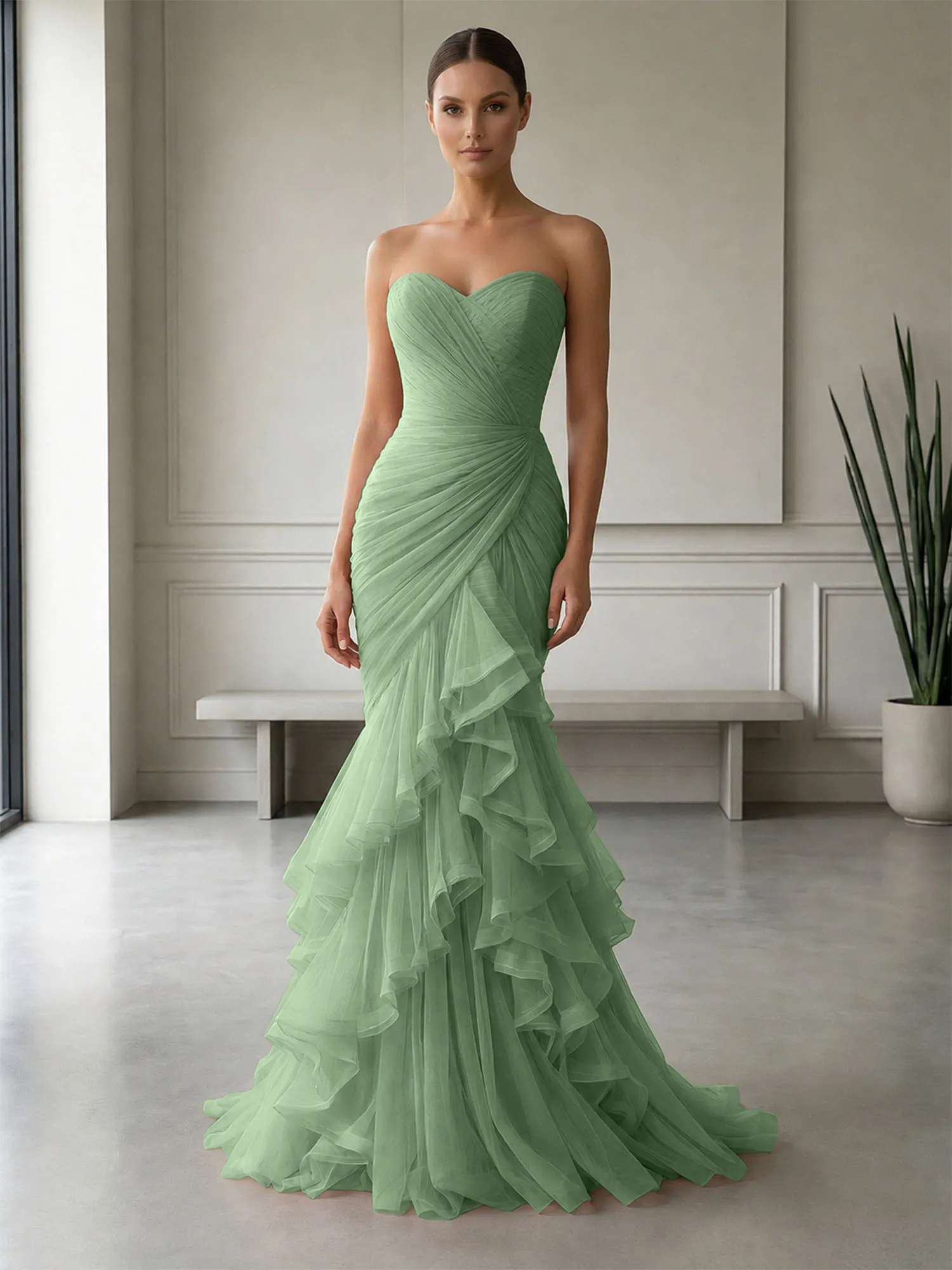 Strapless Ruched Tulle Mermaid Evening Gown Maxi Dress