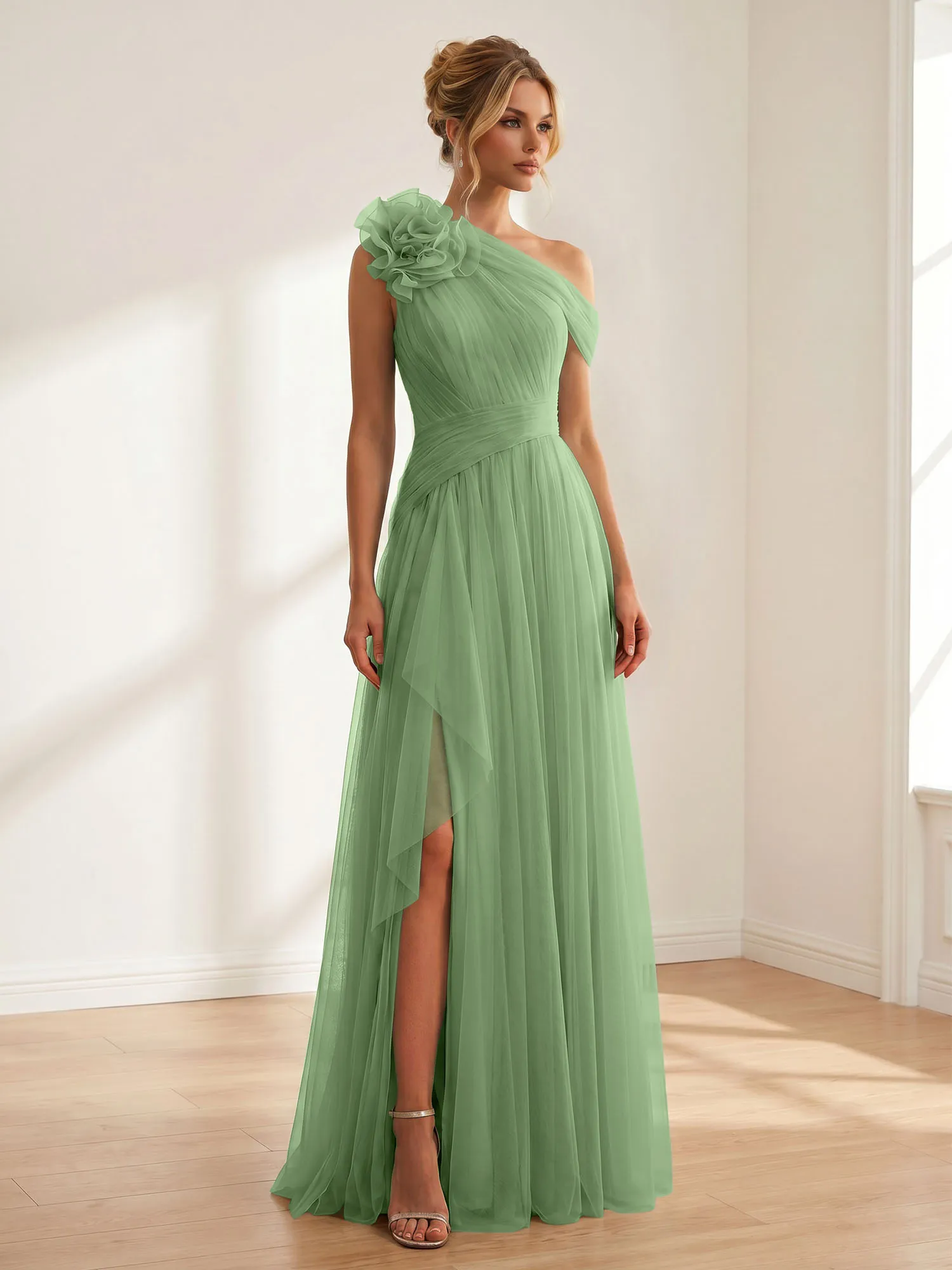 One-Shoulder Tulle Evening Gown with Floral Accent