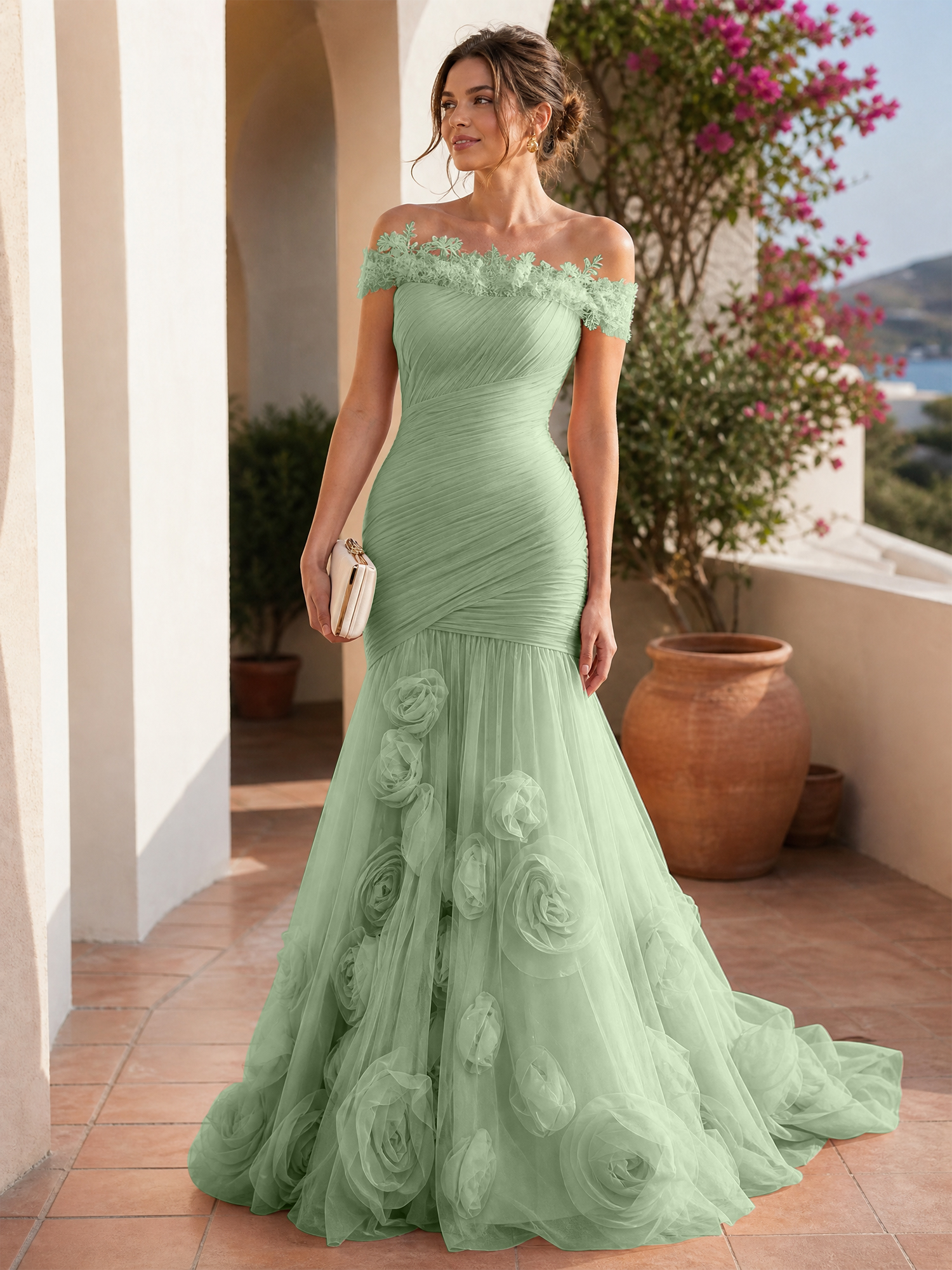 Romantic Blushing Rose Off-the-Shoulder Mermaid Formal Evening Dress 