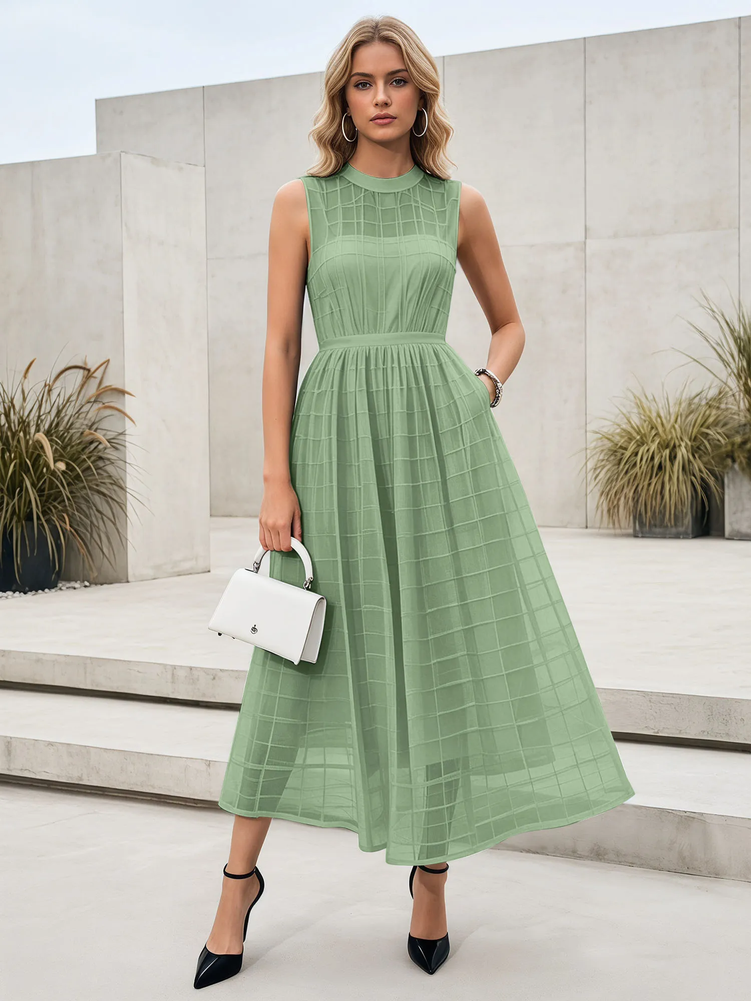 Sleeveless Grid Mesh A-Line Midi Evening Dress
