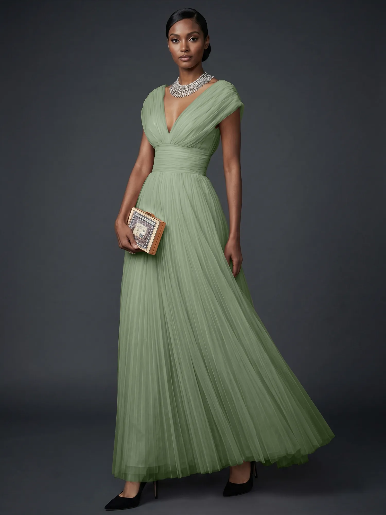 Draped V-Neck Pleated Tulle Evening Gown Maxi Dress