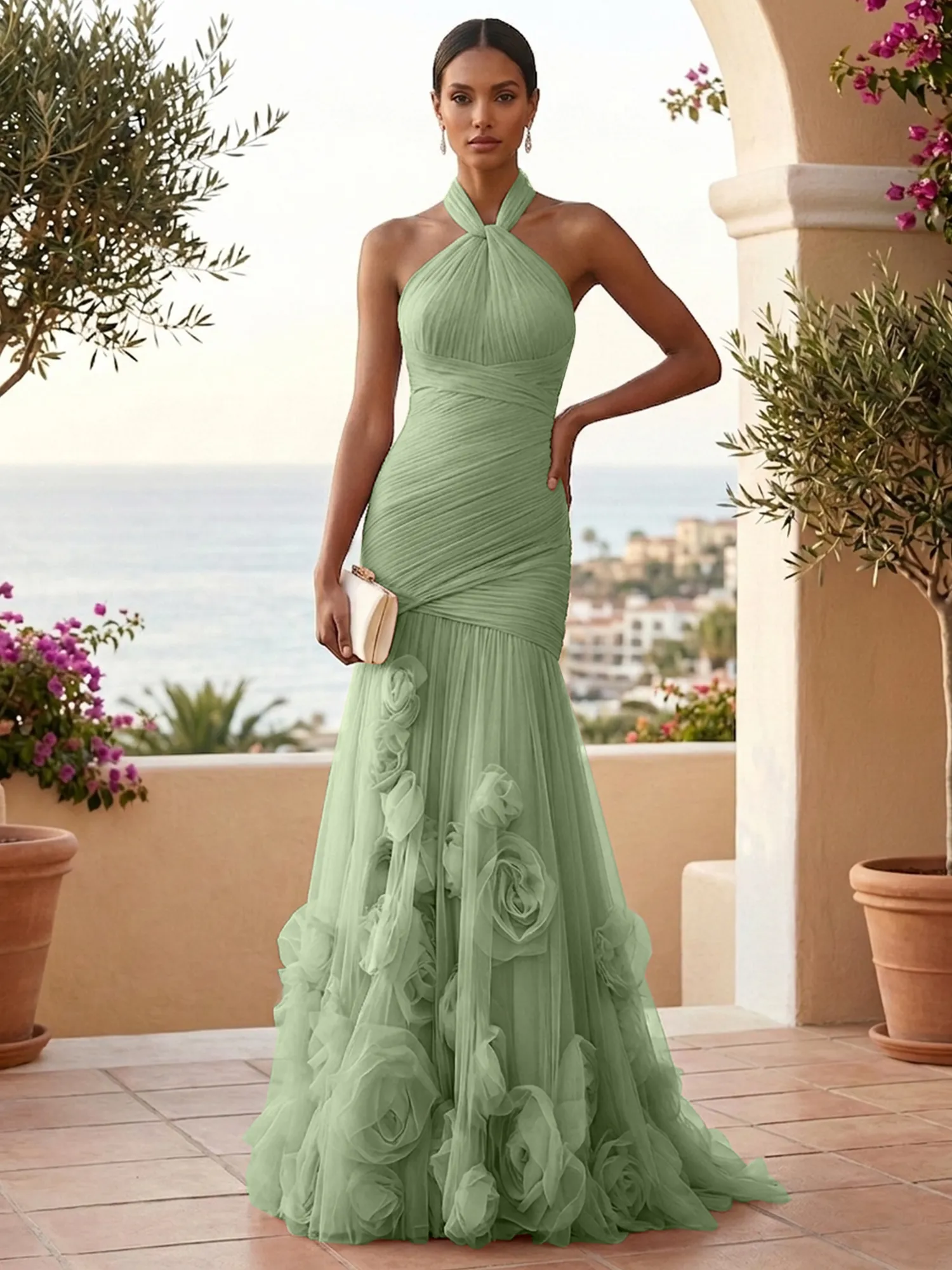 Halter Neck Ruched Tulle Mermaid Gown with 3D Floral Appliqués