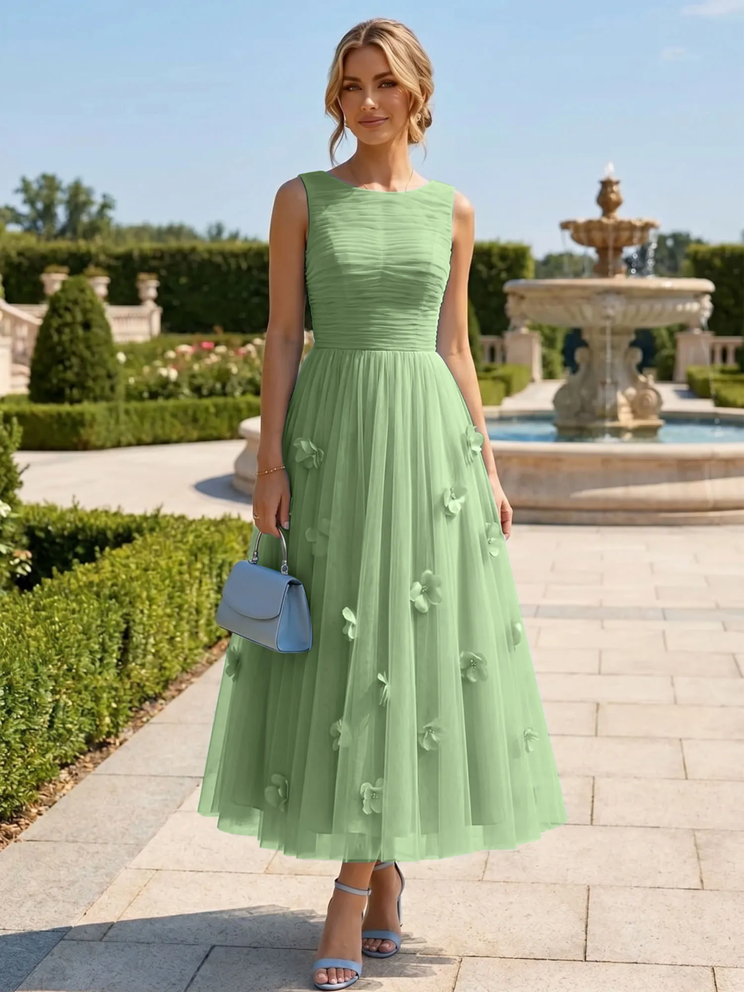 A Line Sleeveless Tulle Midi Dress with 3D Floral Appliqués