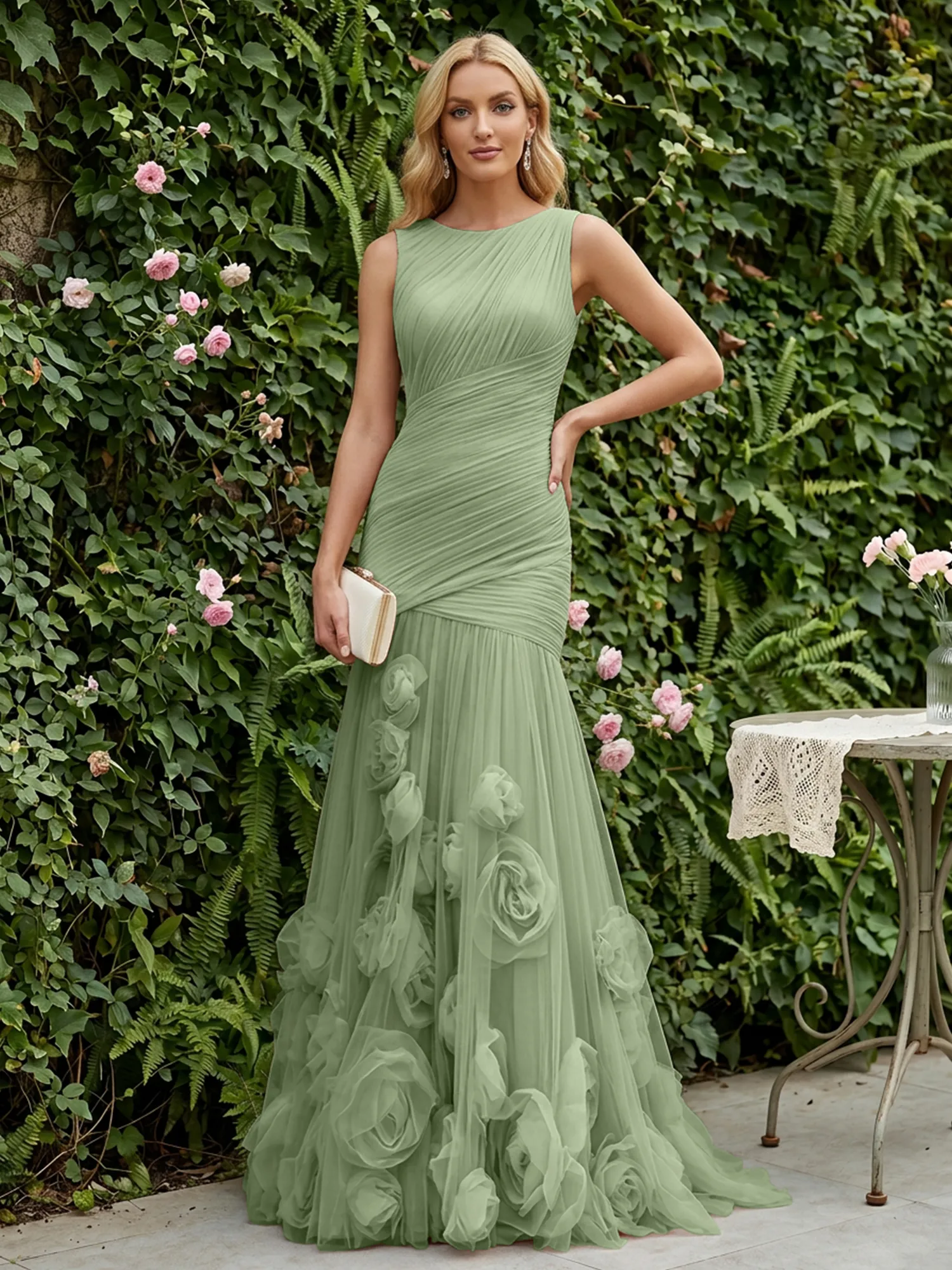Round Neck Ruched Tulle Mermaid Gown with 3D Floral Appliqués