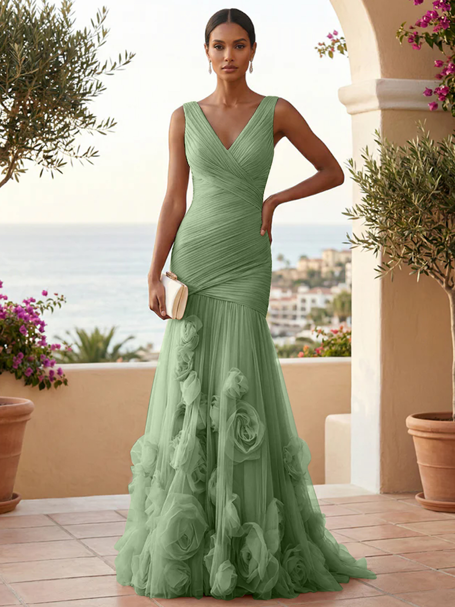 Sweetheart Tulle V Neck Pleat Mermaid Evening Dresses with 3D Flower