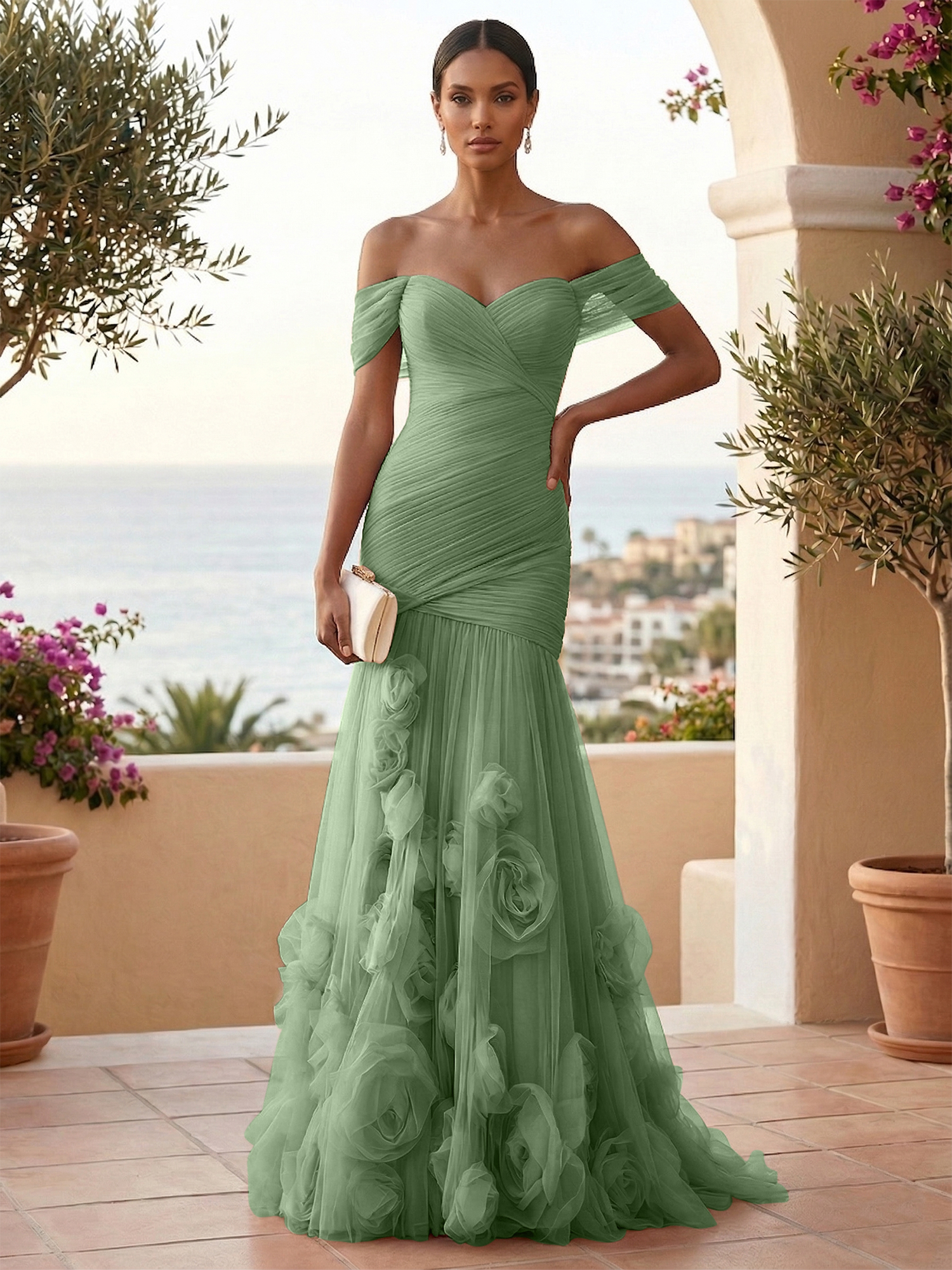 Sweetheart Tulle Off the Shoulder Pleat Mermaid Evening Dresses with 3D Flower