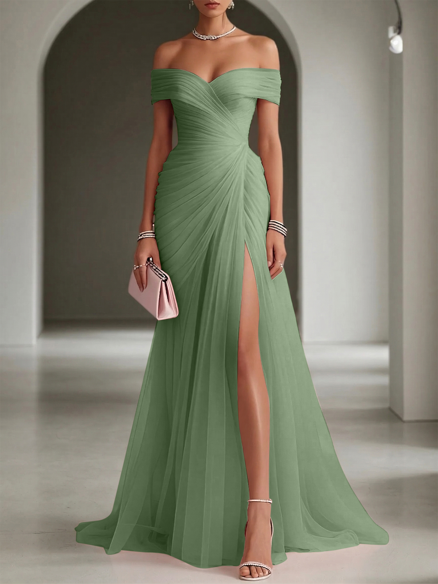 Blush Ruched Slit Tulle Off the Shoulder Sleeveless Sheath Gown Dress