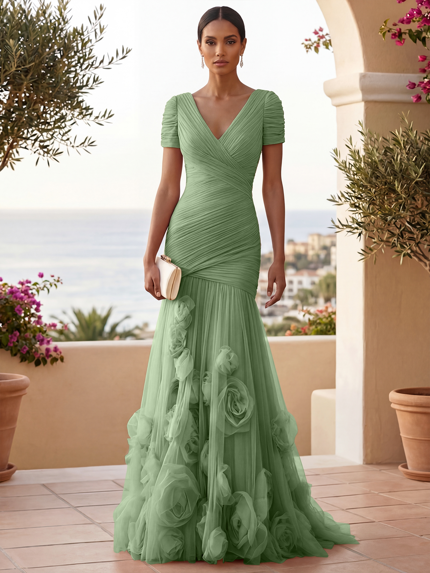 Sweetheart Tulle Short Sleeves Pleat Mermaid Evening Dresses with 3D Flower