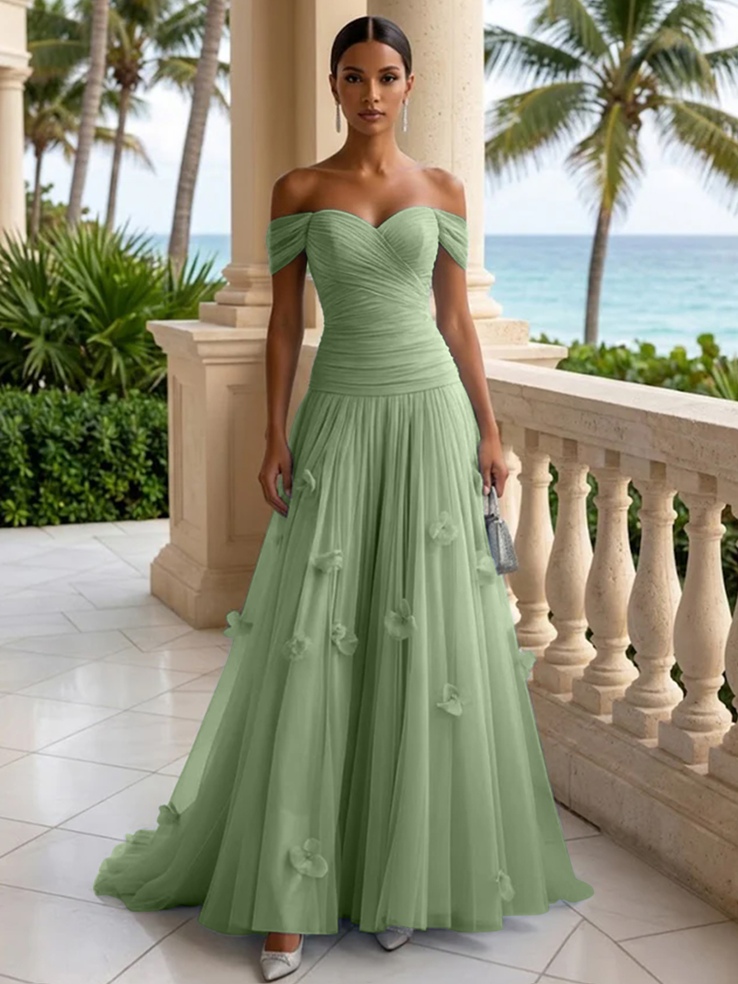 Elegant Off-the-Shoulder Ruched Tulle A-Line Evening Gown with 3D Floral Appliqués