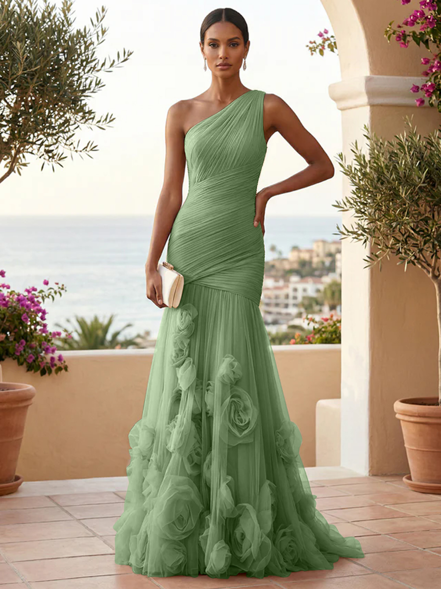 Sweetheart Tulle Pleat One Shoulder Mermaid Evening Dresses Gown with 3D Flower