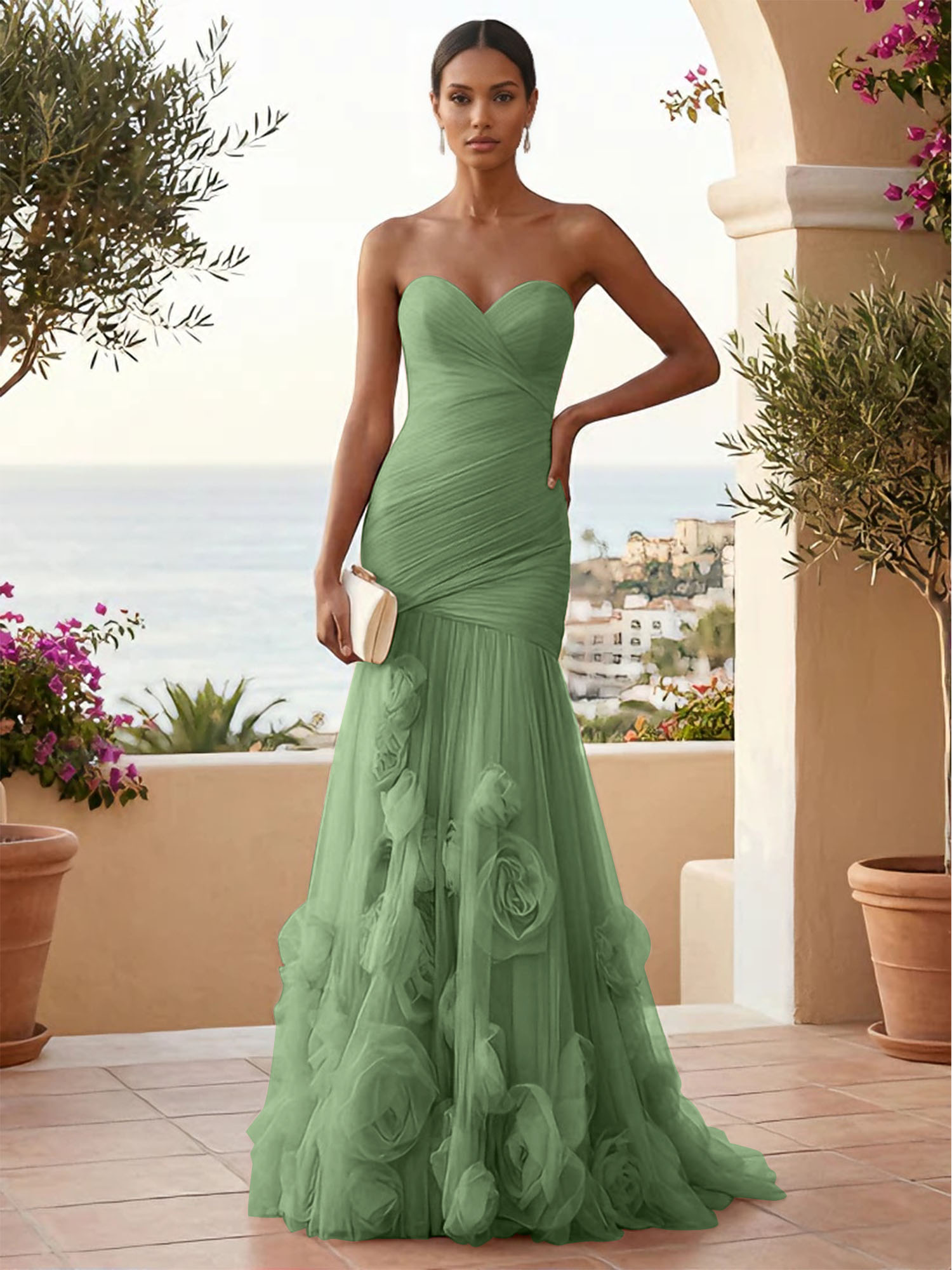 Sweetheart Tulle Pleat Mermaid Evening Dresses with 3D Flower