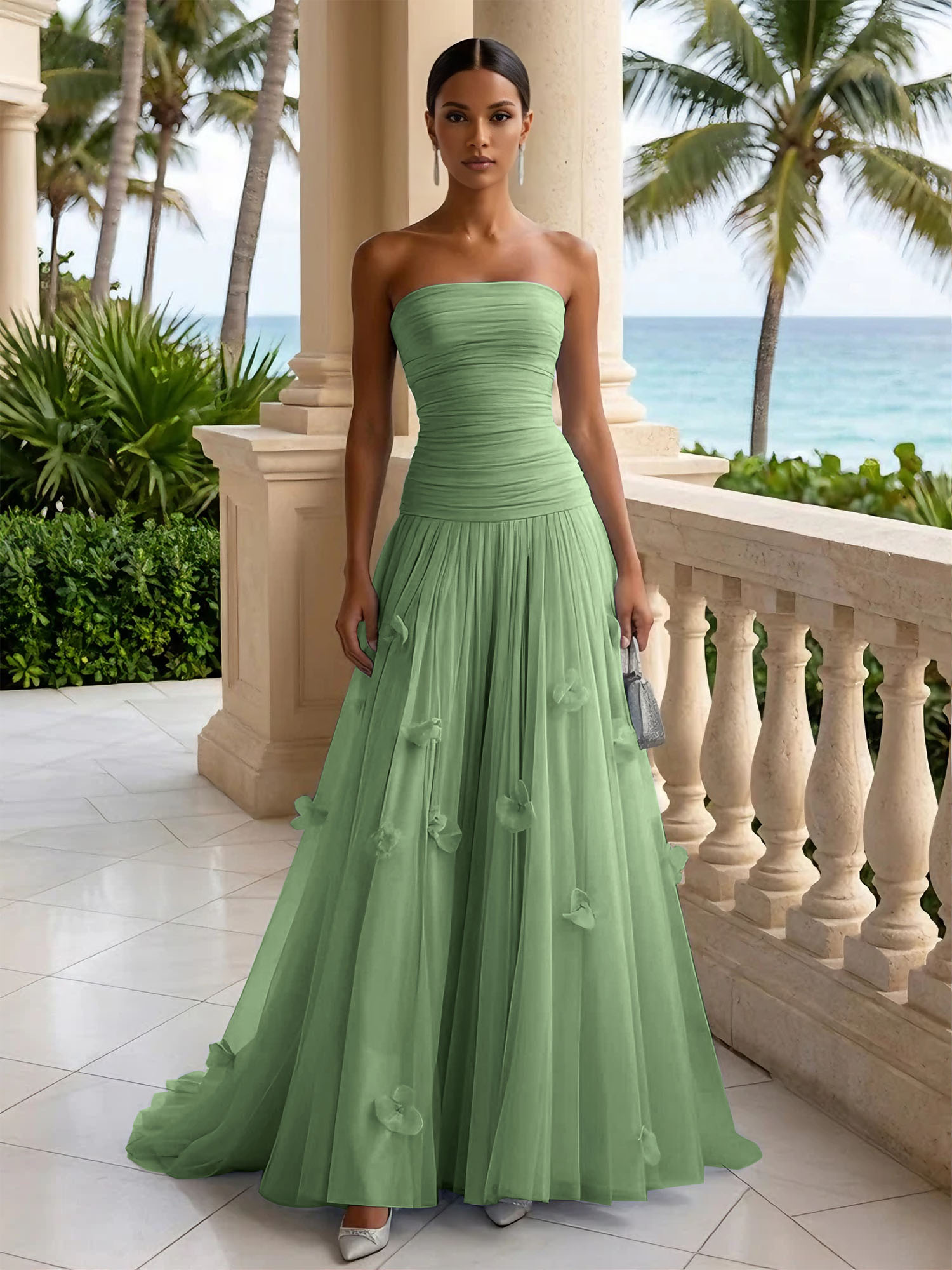 Light Blue Evening Dress with 3D Flower Strapless Pleat Maxi Dress