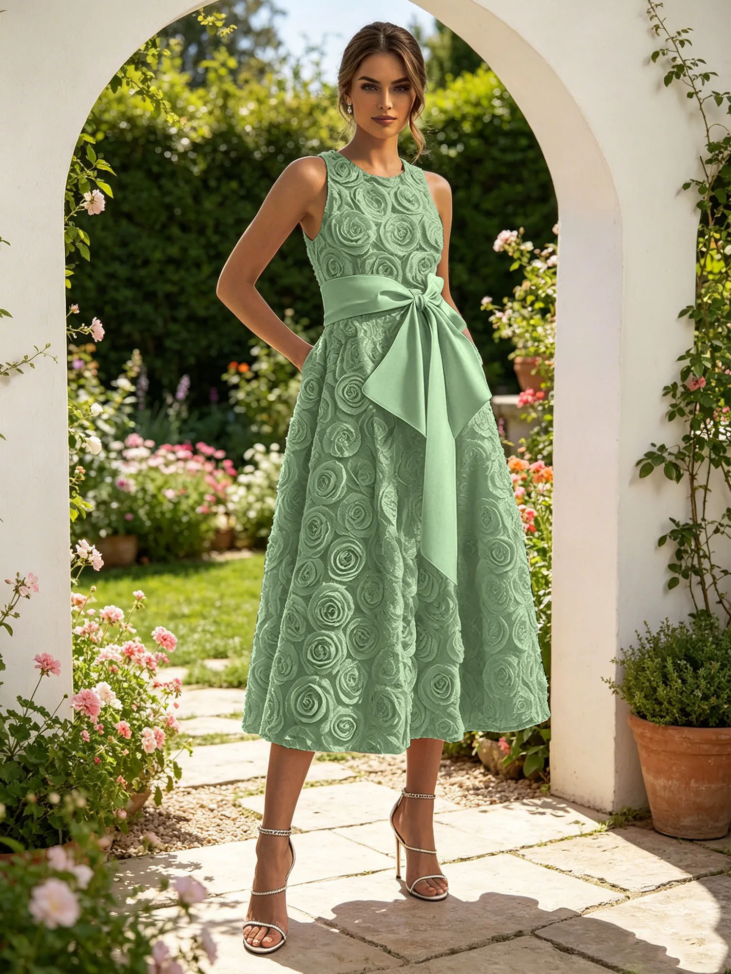 Sleeveless 3D Rose Midi Evening Dress with Satin Bow Sash