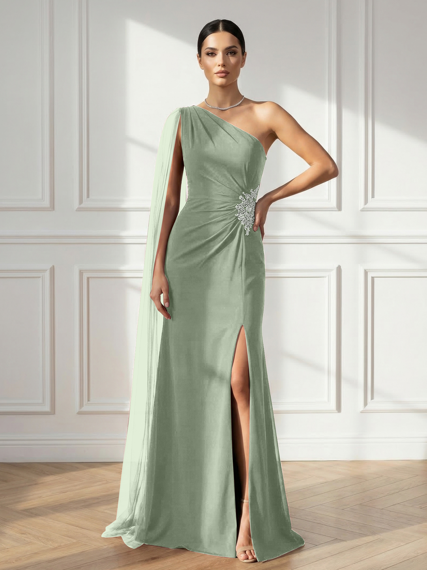 Formal Evening Dress Burgundy One Shoulder Slit Maxi Dress Gown