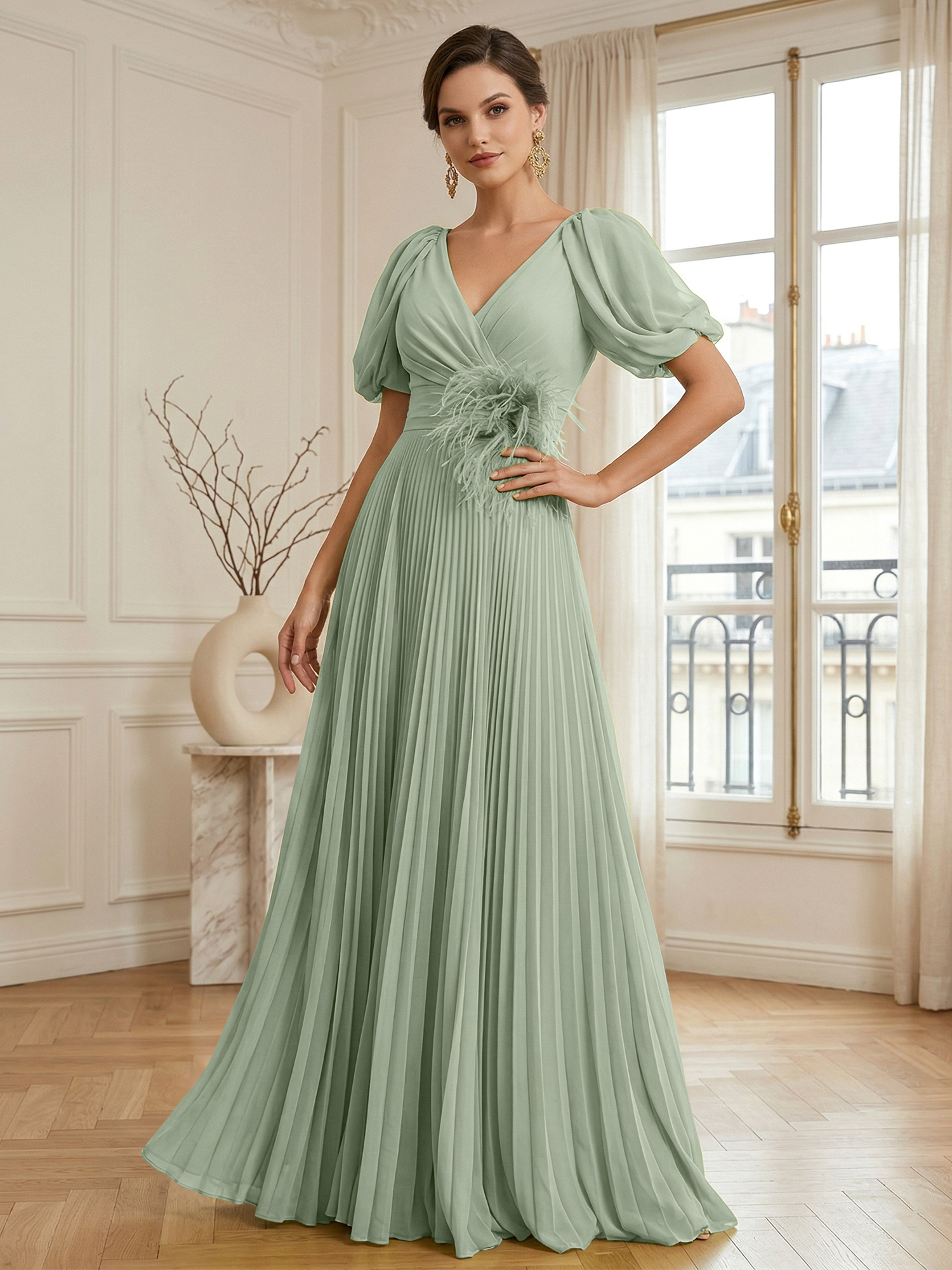 A-Line Chiffon Evening Gown with Feather V-Neck Short Sleeves Formal Dress