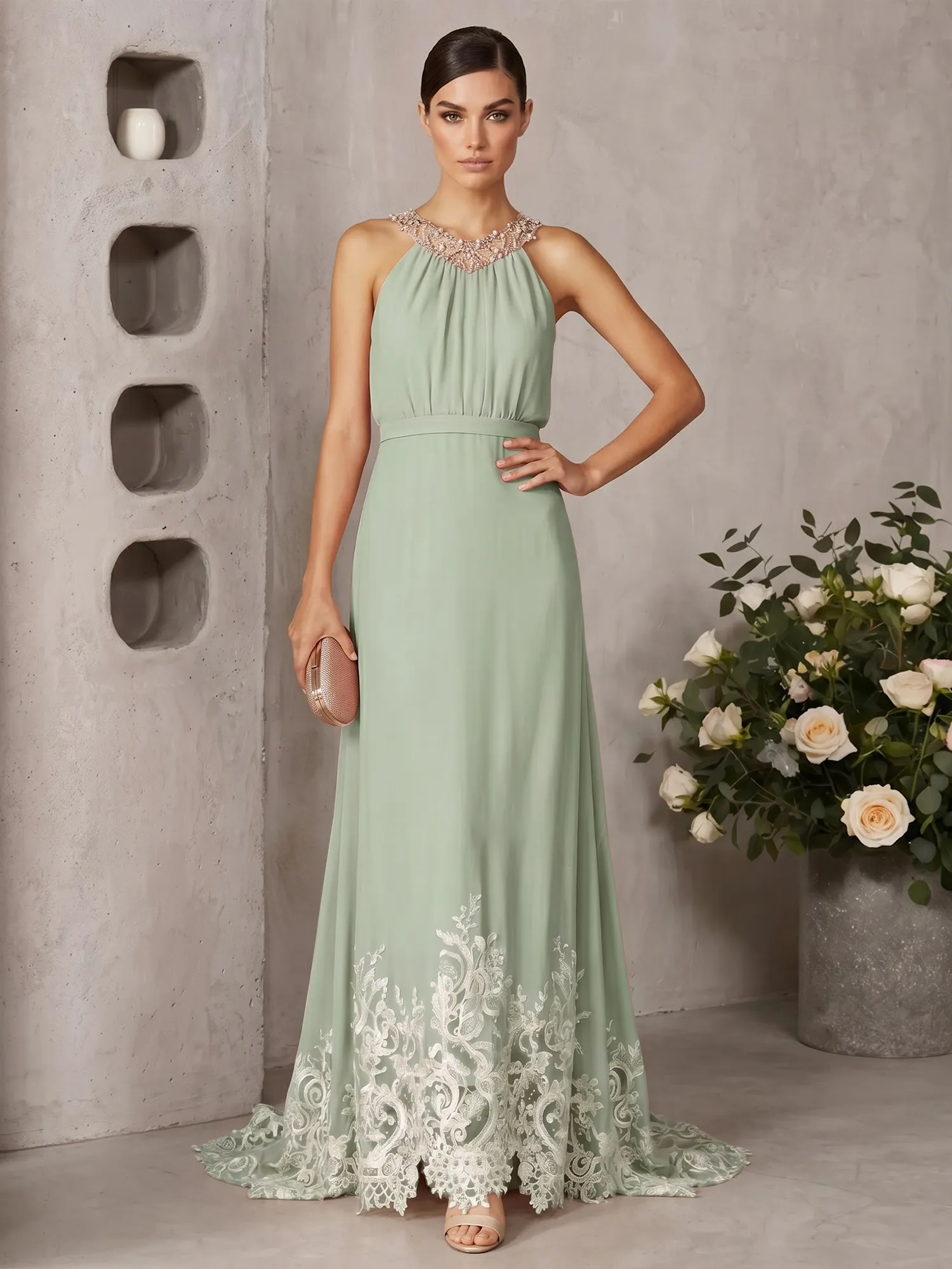 Halter Neck Beaded Chiffon Gown with Lace Hem