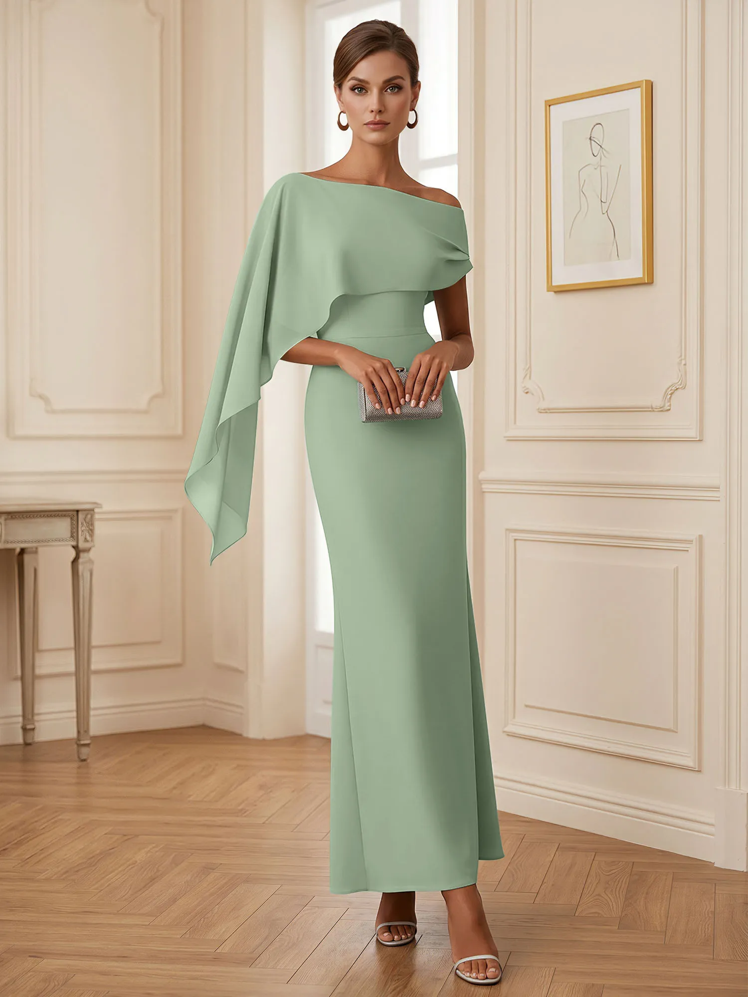 One-Shoulder Chiffon Overlay Mermaid Evening Gown