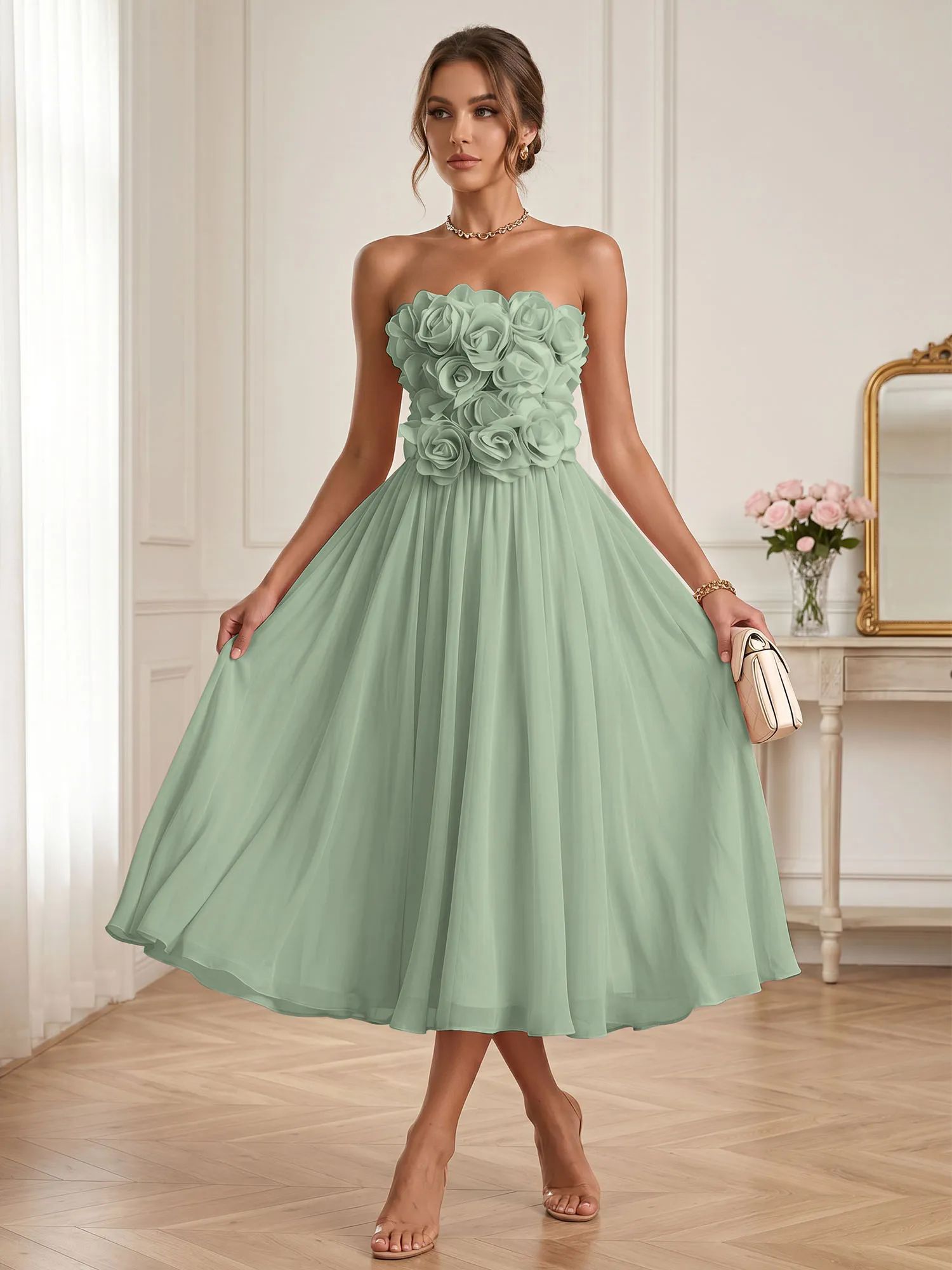 Strapless 3D Floral Chiffon A-Line Midi Formal Dress