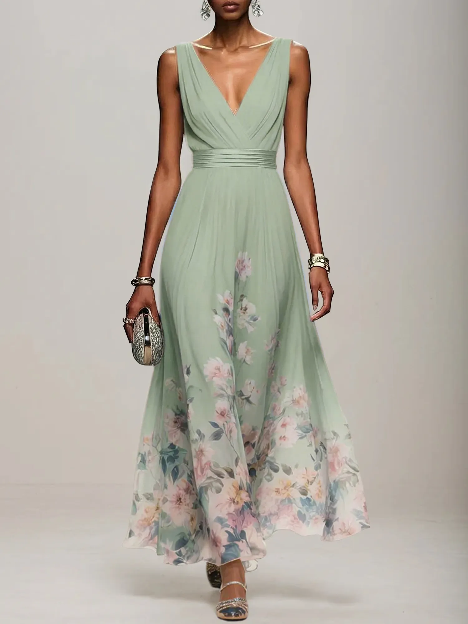 V-Neck Floral Print Chiffon Maxi Evening Dress with Satin Waist Bow