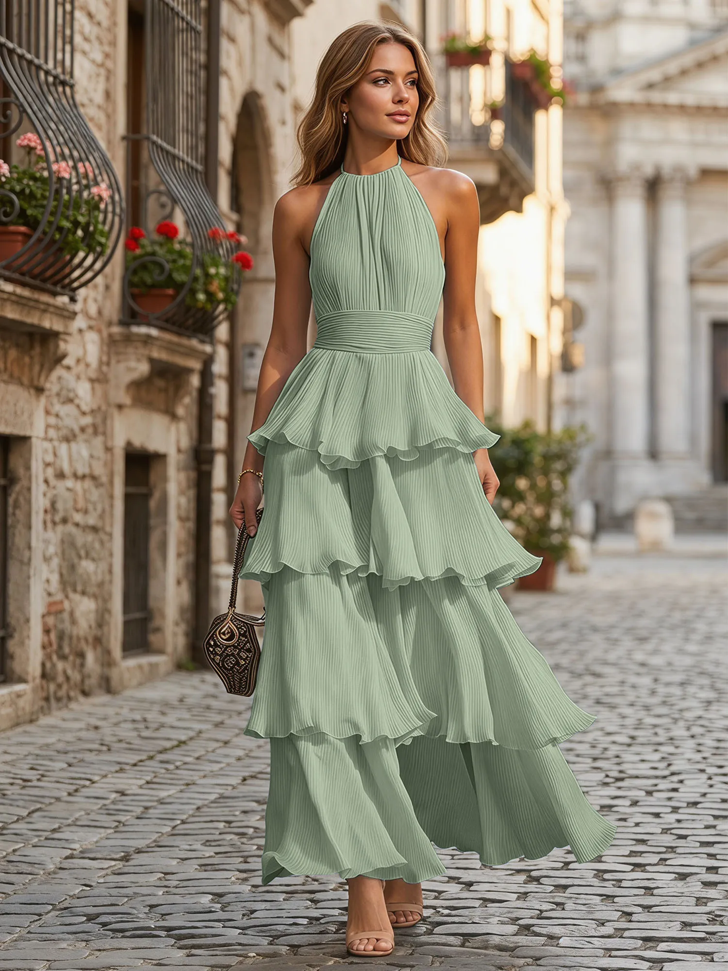 A Line Halter Neck Tiered Ruffle Chiffon Evening Dress