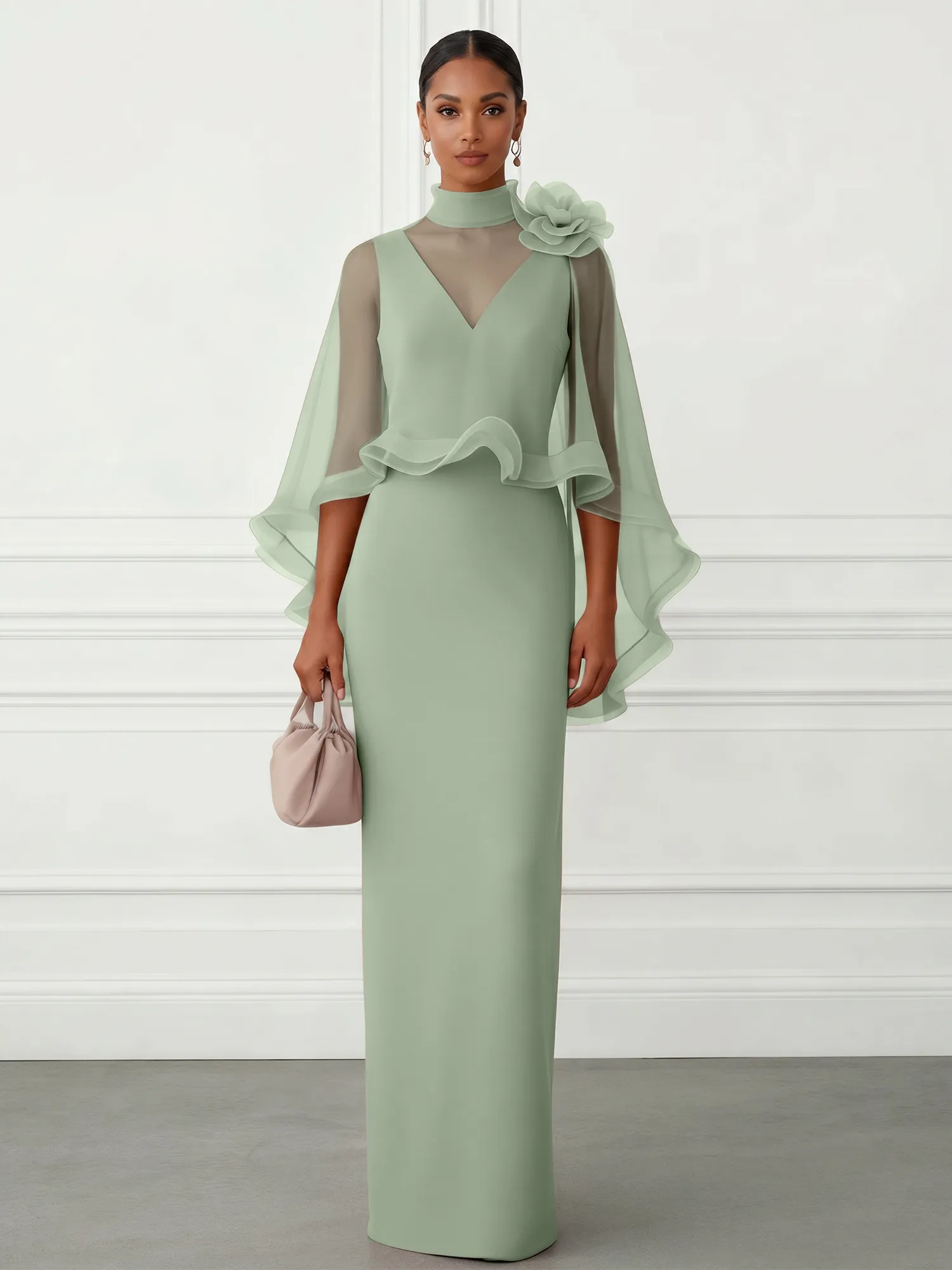 High-Neck Chiffon Cape Sleeve Sheath Evening Gown