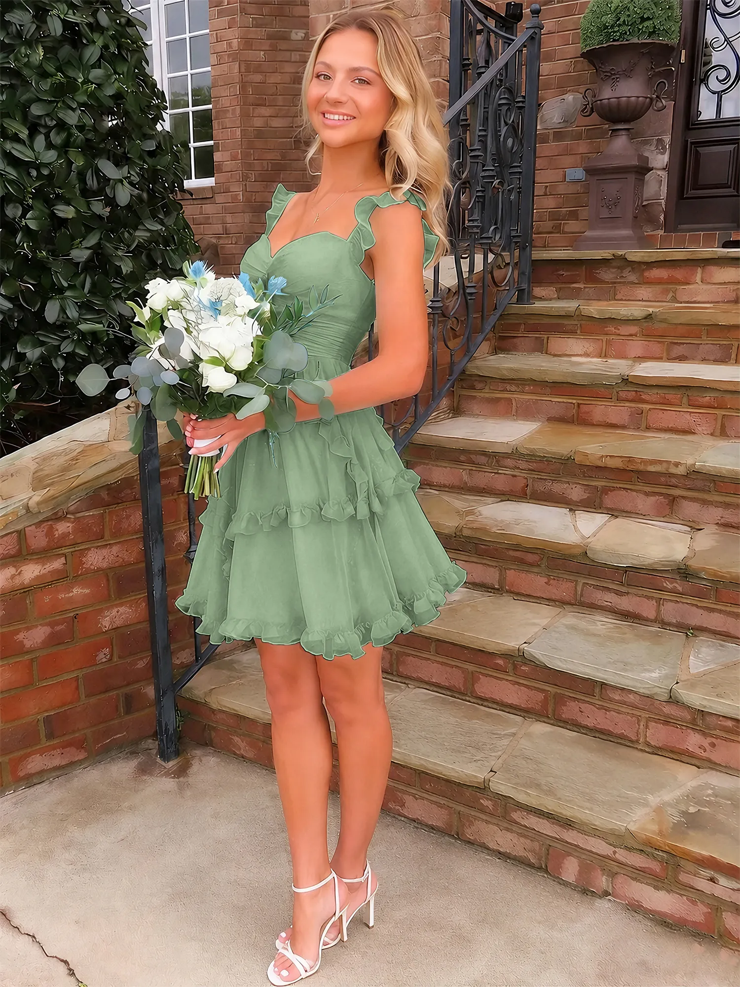 A Line Ruffled Tiered Chiffon Homecoming Dress with Lace-Up Back