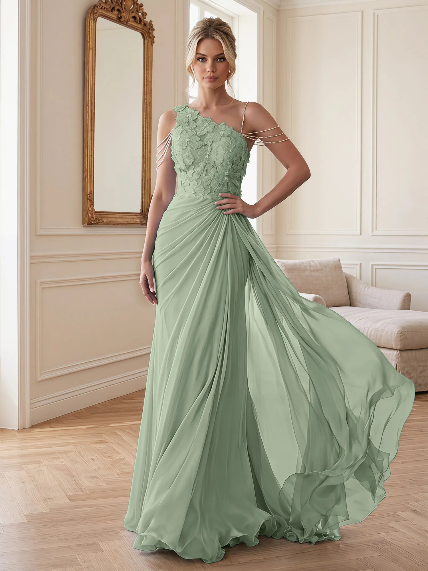 One-Shoulder Floral Lace Chiffon Evening Gown