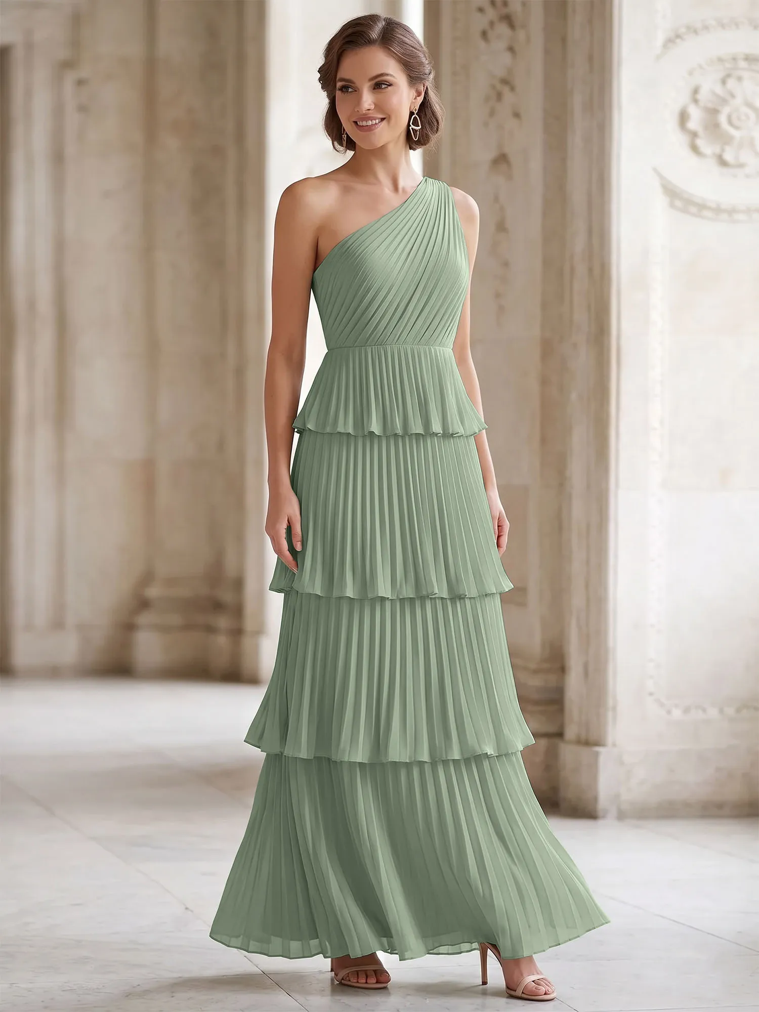 One-Shoulder Tiered Pleated Chiffon Evening Gown