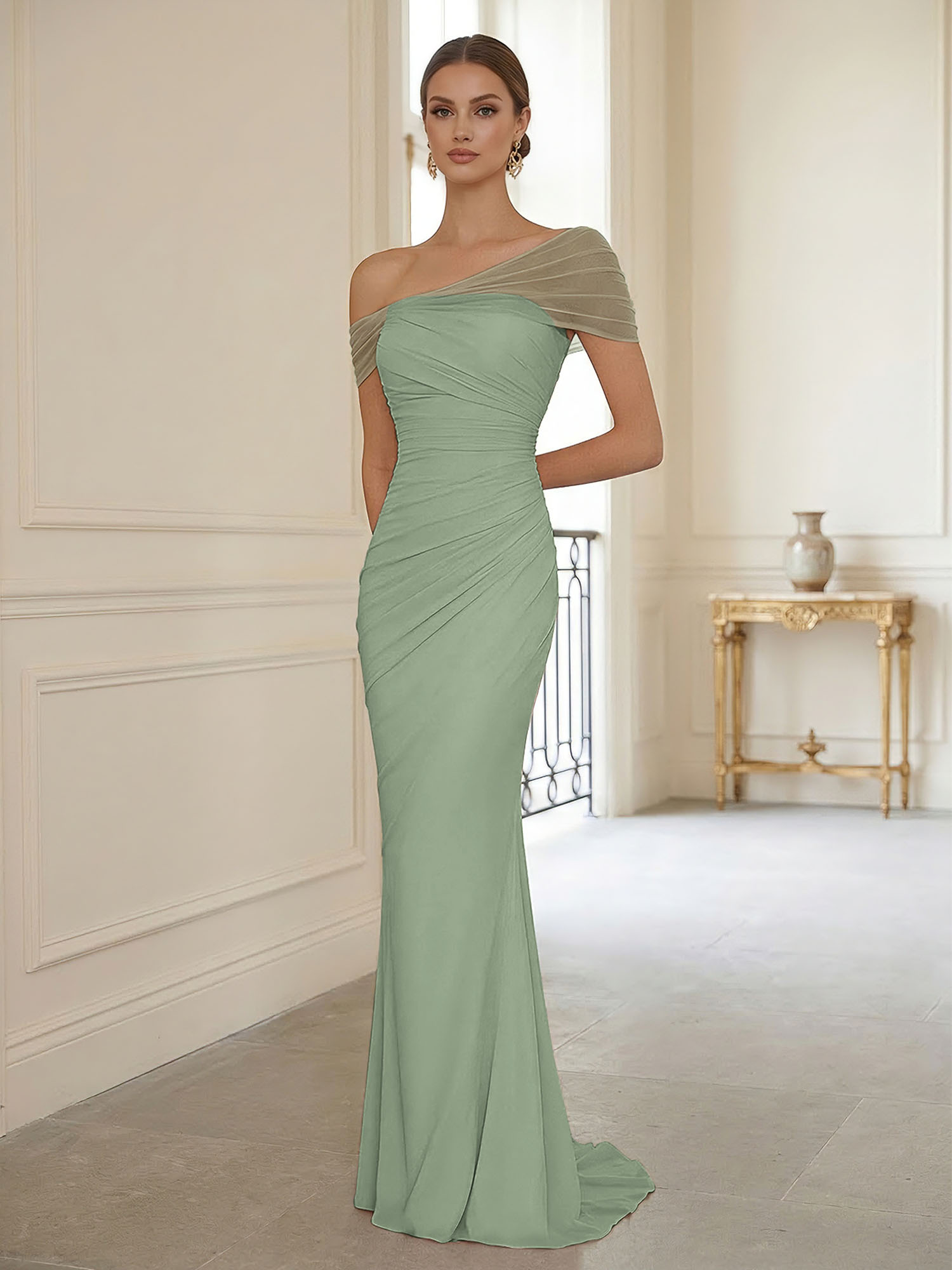 Sophisticated Blush Pink Asymmetrical Ruched Maxi Dress Evening Gown