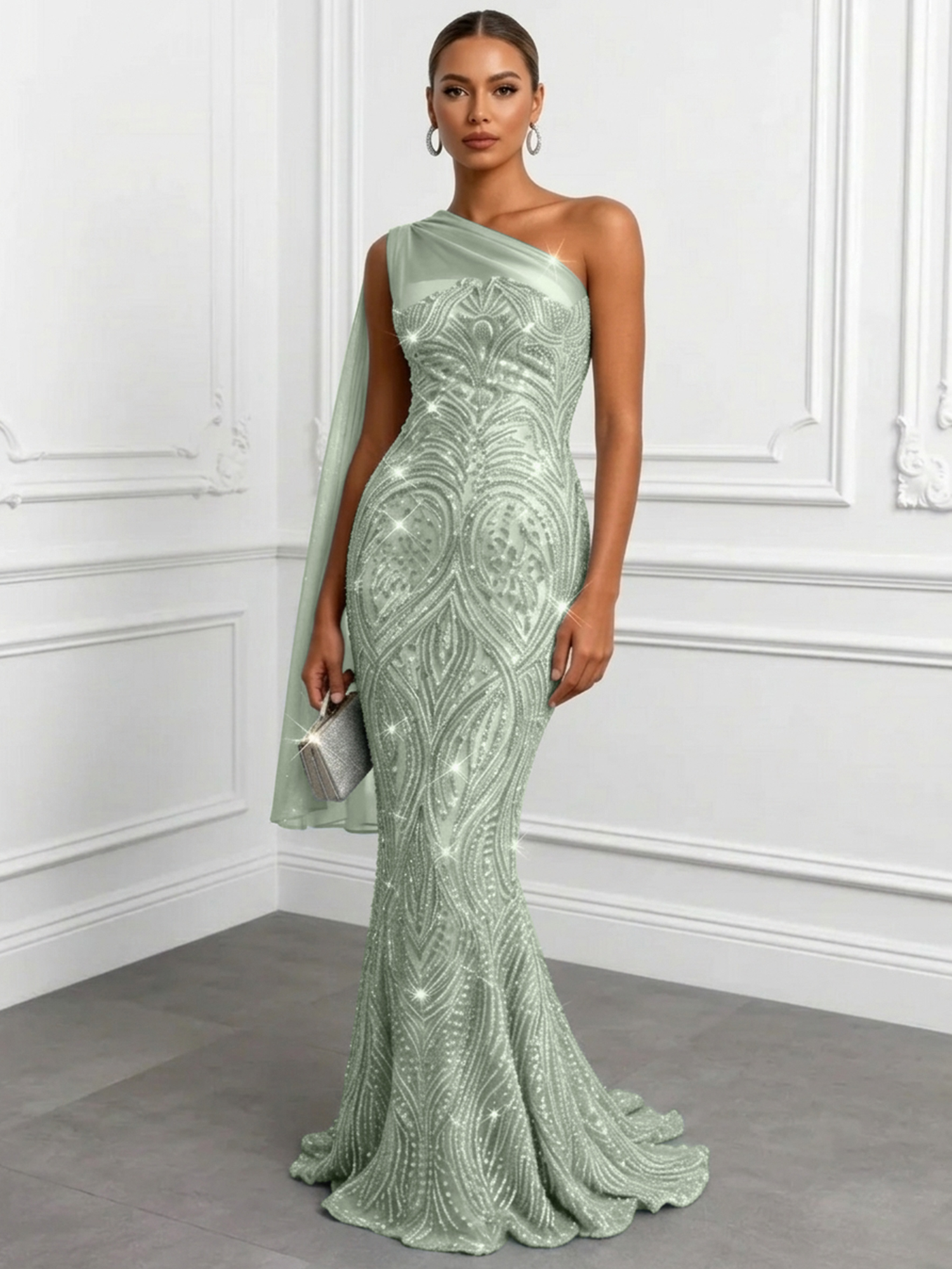 Shimmering Sage One-Shoulder Sequin Mermaid Evening Dress