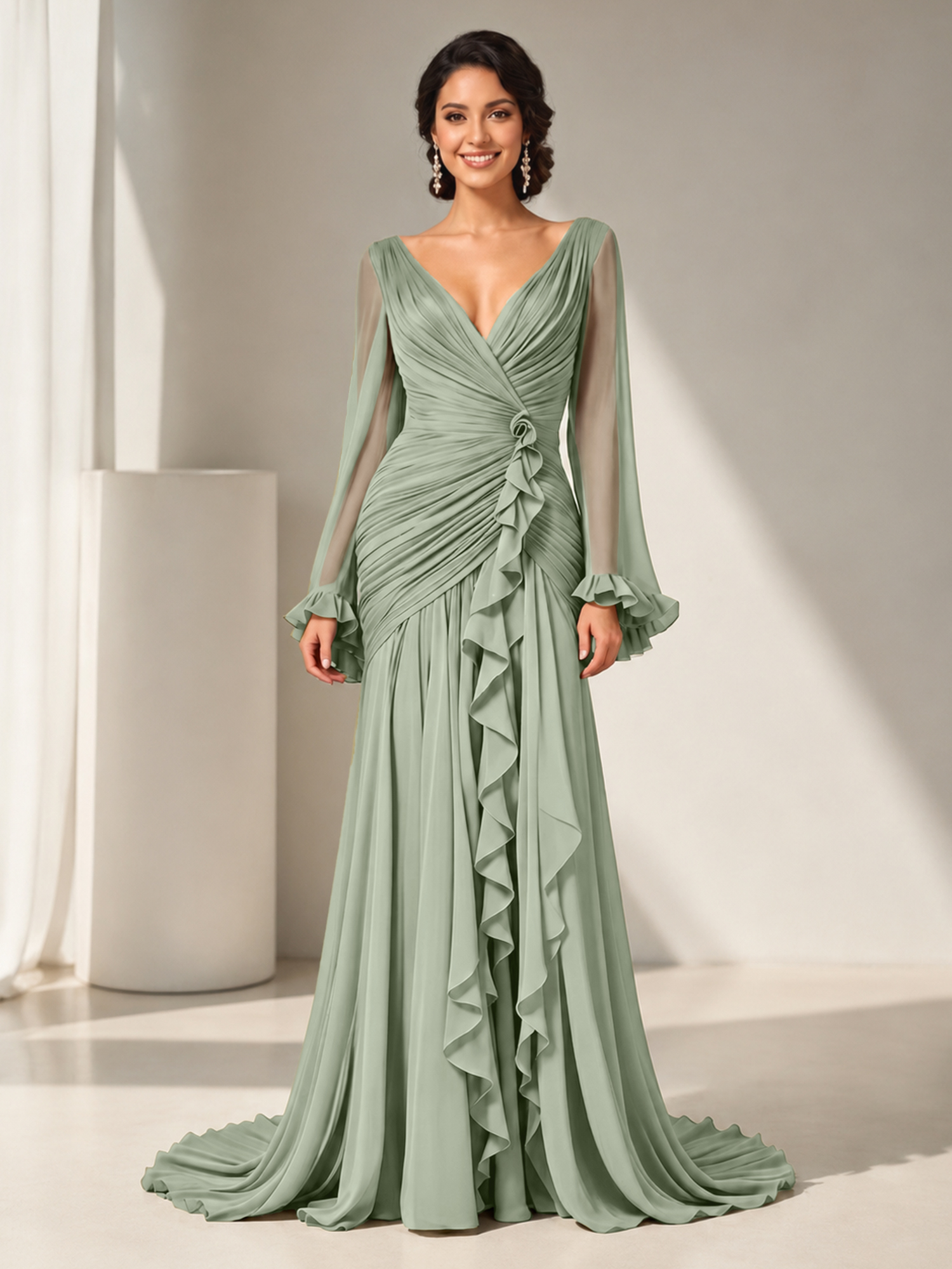 Grecian Olive Green Ruched Long-Sleeve Cascading Ruffle Formal Evening Dress