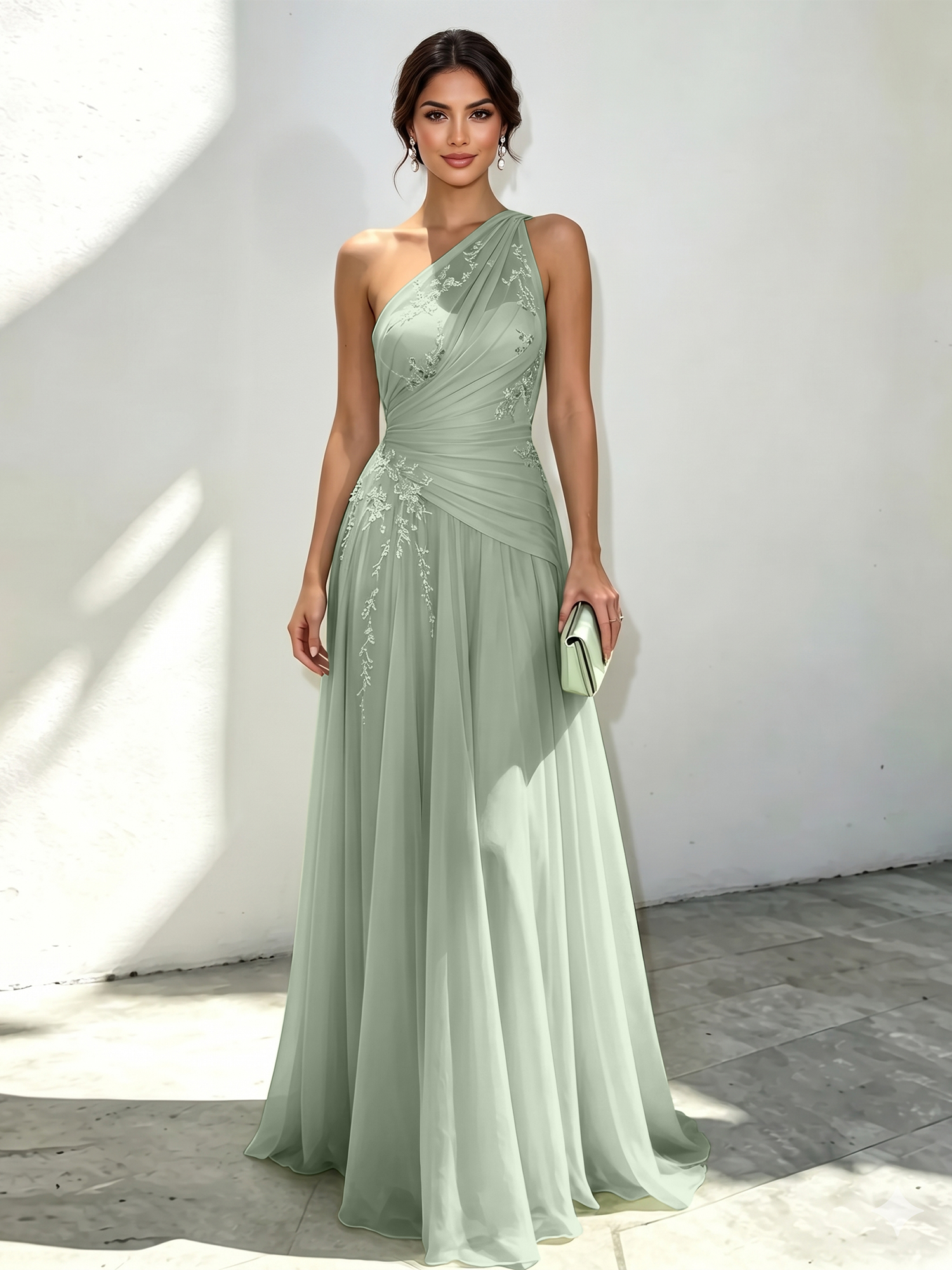 Ethereal Mint Green One-Shoulder Chiffon Evening Dress with Delicate Floral Embroidery