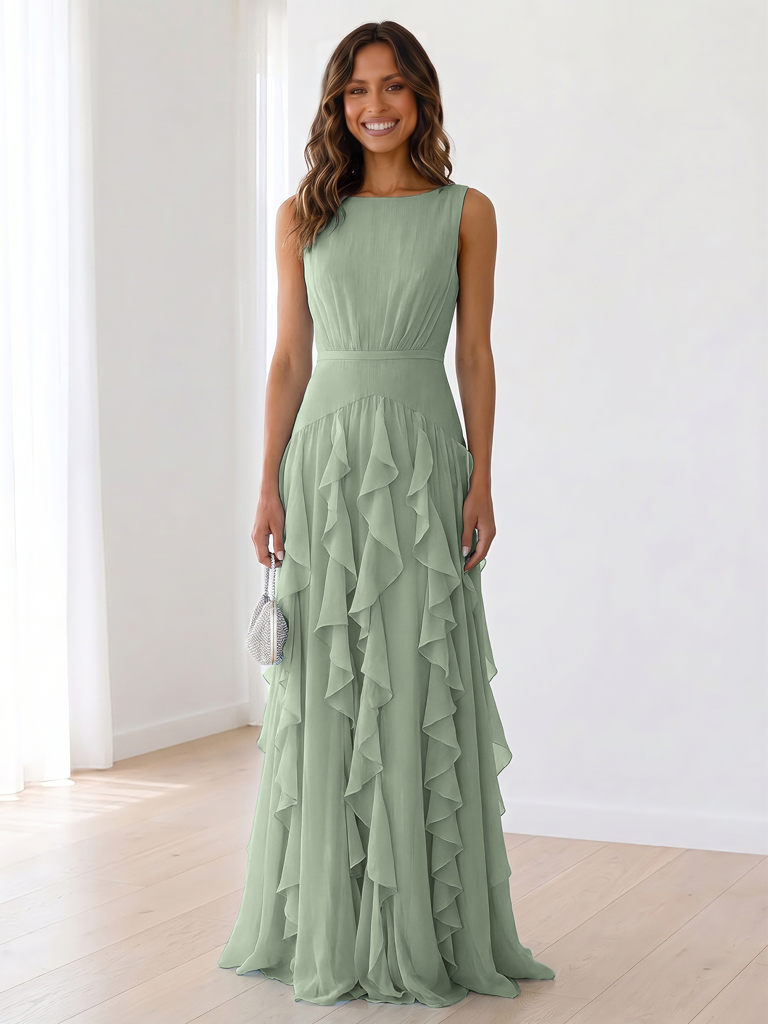 Ethereal Powder Blue Cascading Ruffle Maxi Formal Evening Dress