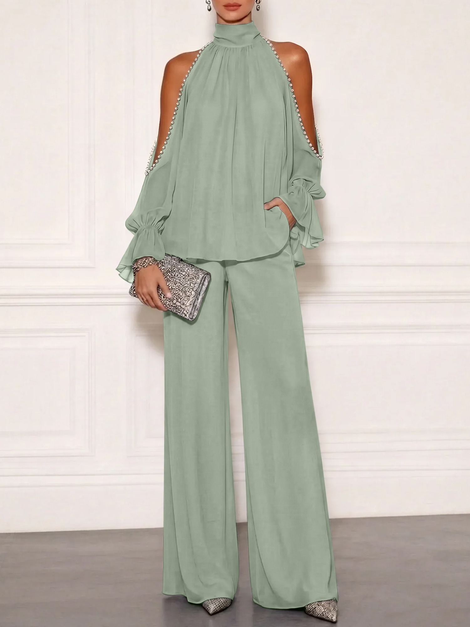 Sophisticated Embellished Cold Shoulder Formal Evening Jumpsuit