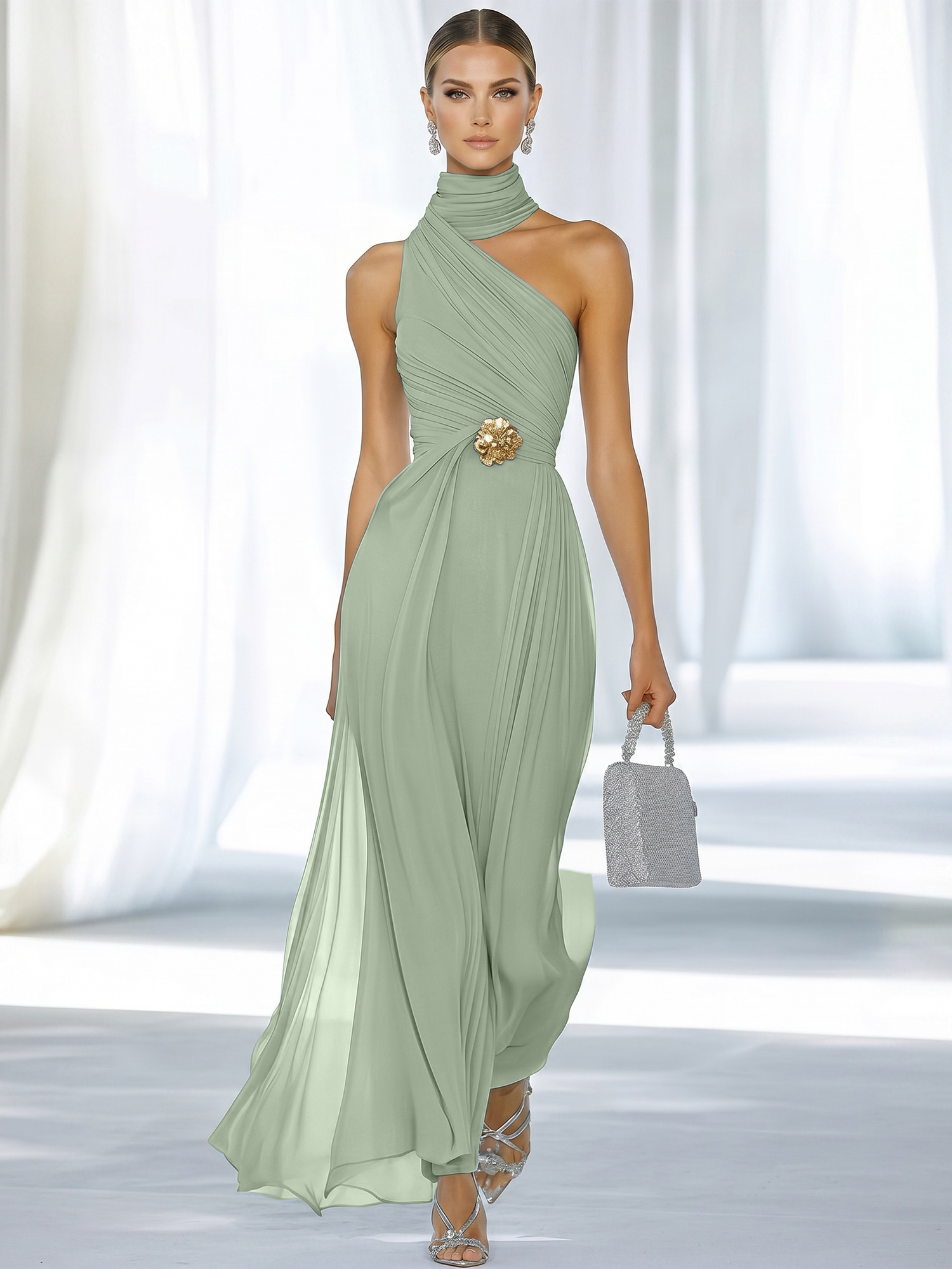 Sky Blue Pleated Chiffon Halter Strapless Formal Evening Dress