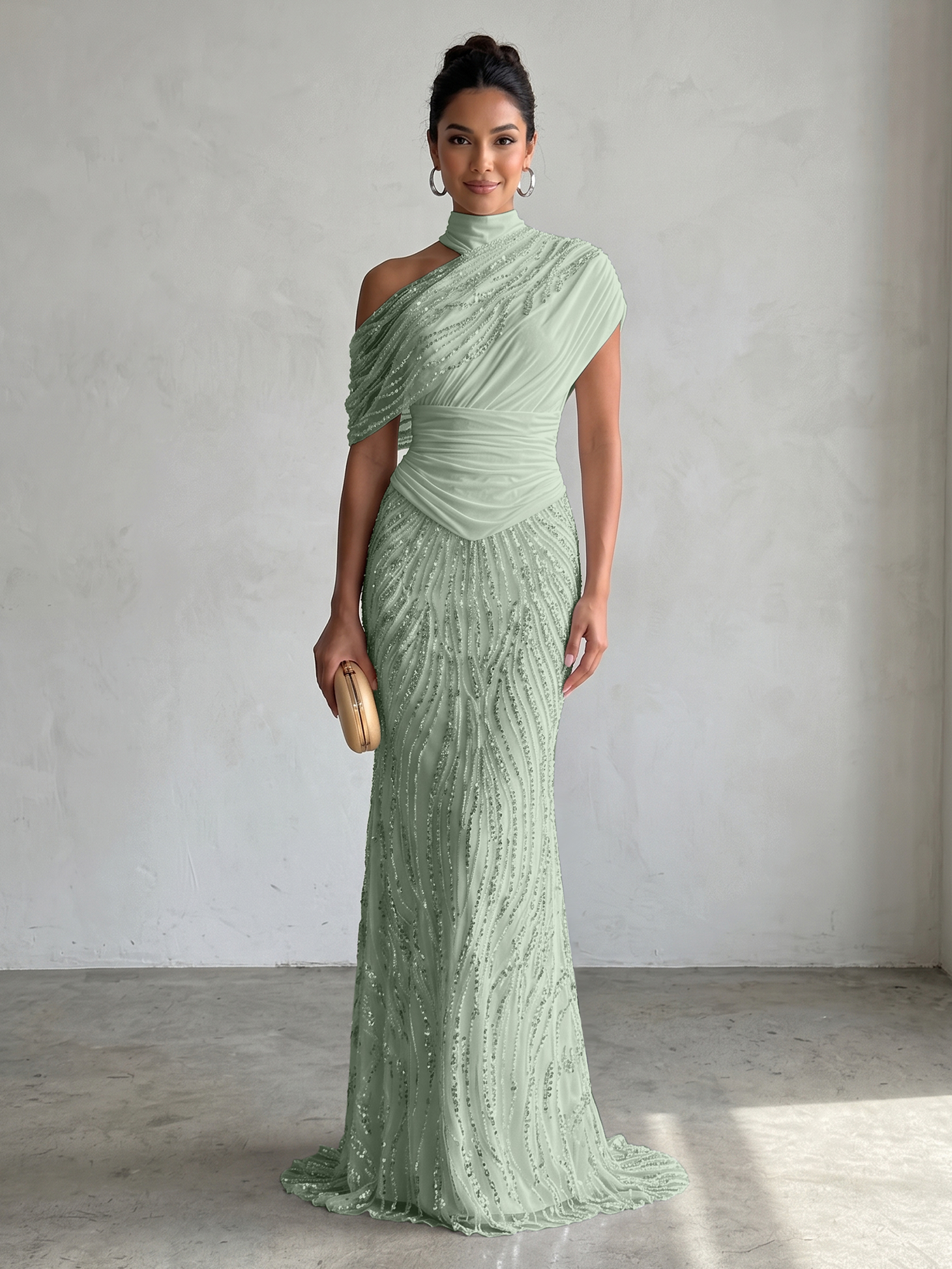 Ethereal White Beaded High-Neck Draped Sheath Formal Evening Dress