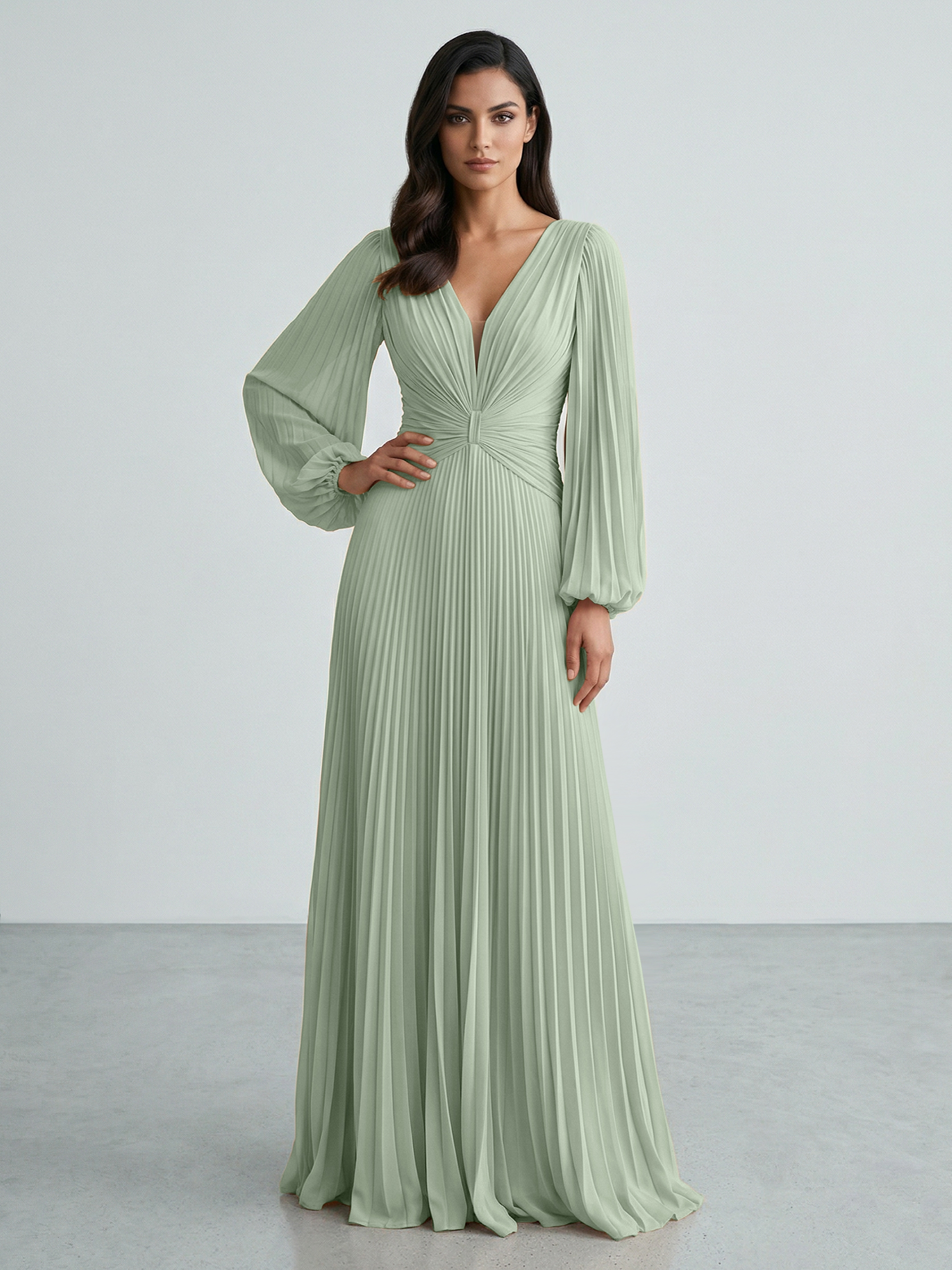 Slate Blue Plunging V-Neck Pleated Long Sleeve Maxi Dress Gown
