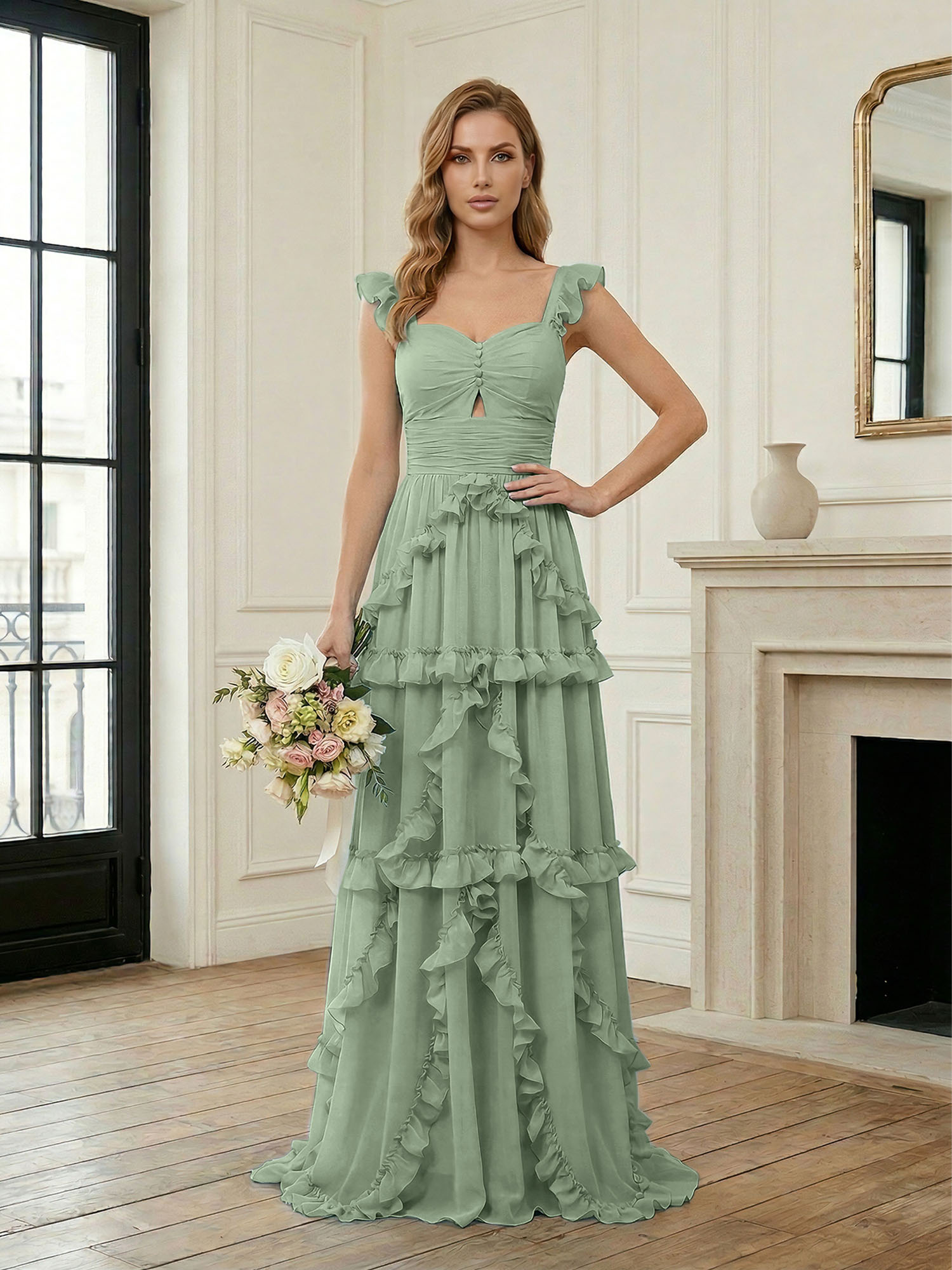 Ethereal Sky Blue Tiered Ruffle Chiffon Maxi Dress Gown