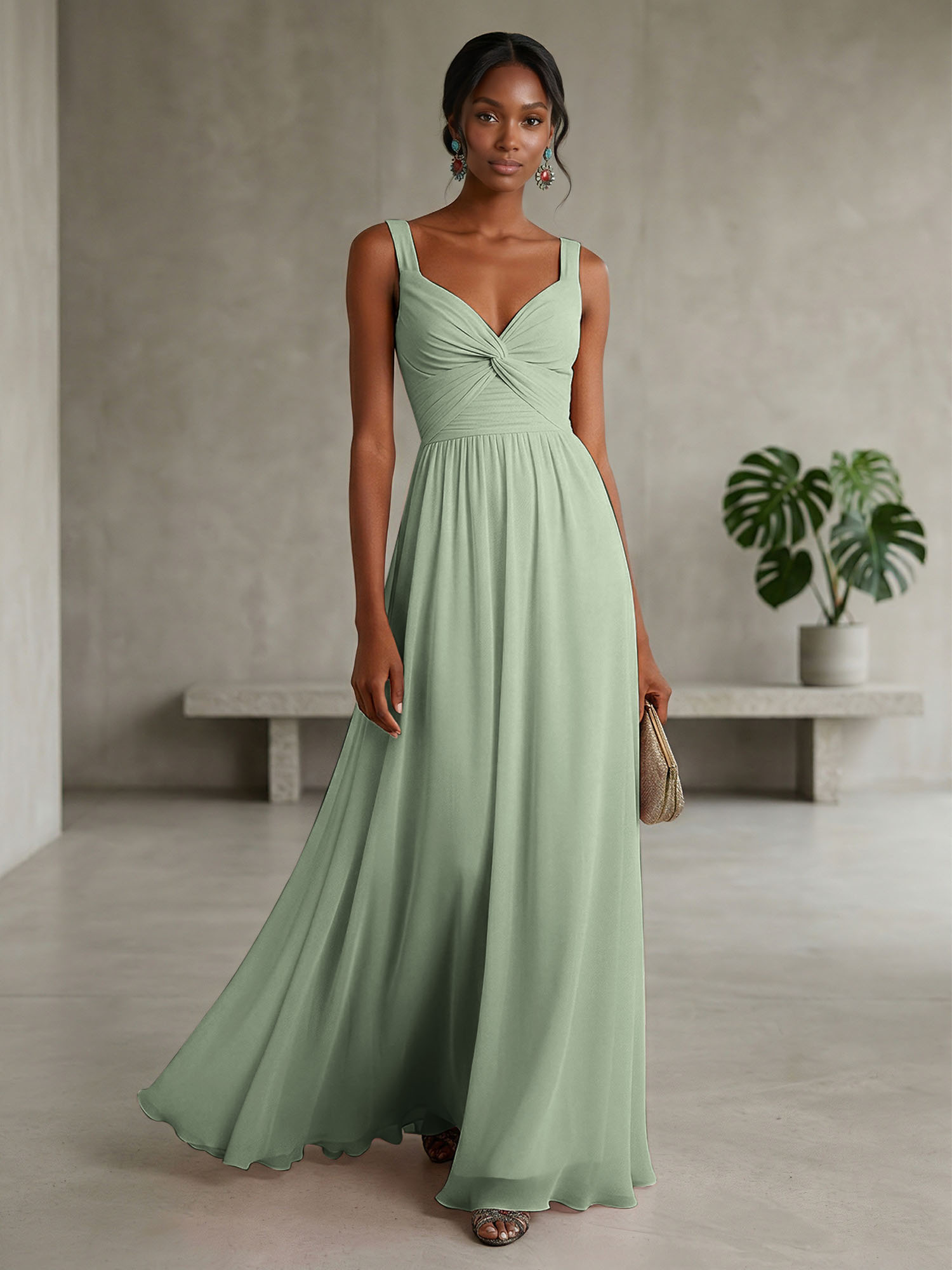 Elegant Soft Blush Twist-Front Chiffon Maxi Gown